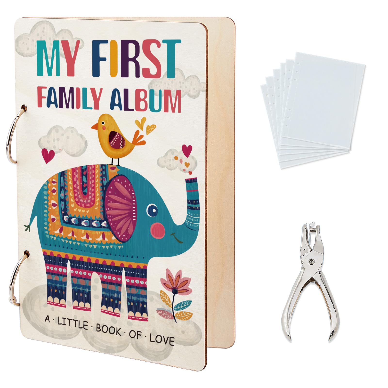 SUPERDANT Baby's My First Family Album Greeting Card Holder Organizer Cartoon Elephants Wooden Card Keeper Binder Photo Album Cover with Punch and 20pcs Inner Pockets Keepsake Gifts for Newborn Kids