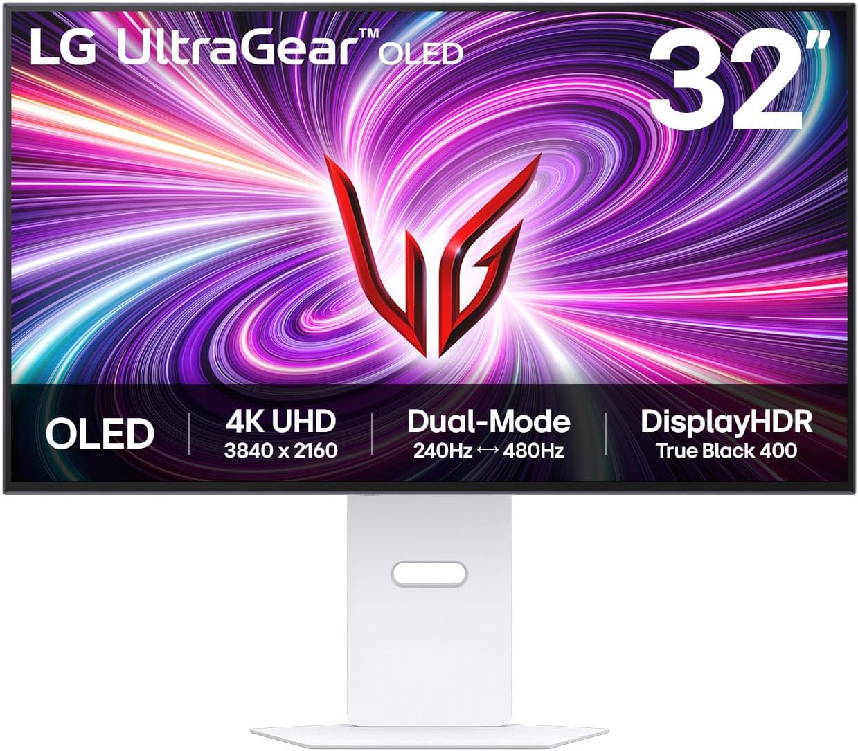 UltraGear OLED Gaming Monitor 32GS95UV-W, 32 inch UHD, Dual mode 4K: 240Hz / FHD: 480Hz, 0.03ms Response Time, NVIDIA G-Sync & AMD FreeSync Premium Pro, 7W Stereo speakers, DisplayPort, HDMI 2.1