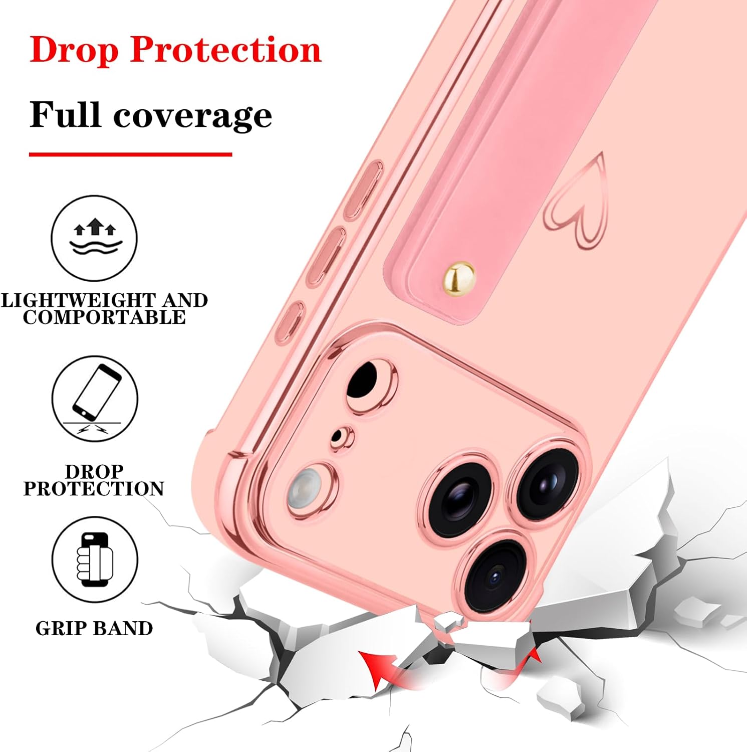 for iPhone 17 Pro Case for Women Girls, Bling Luxury Plated Bumper with Cute Love-Heart Design, Adjustable Hand Strap Stand, Raised Edges Shockproof Protection for iPhone 17 Pro - Pink - Image 4