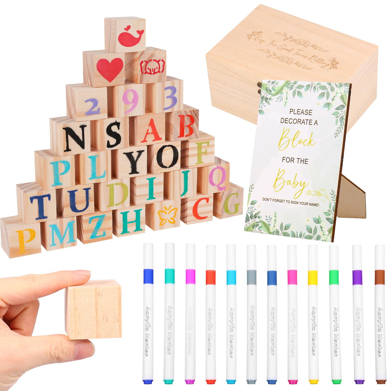 Zestaw 78 sztuk klocków na baby shower, do malowania baby shower, zabawy z długopisami, drewnianymi klockami, tabliczkami i drewnianymi pudełkami, na baby shower i imprezy dla płci (kolor naturalnego