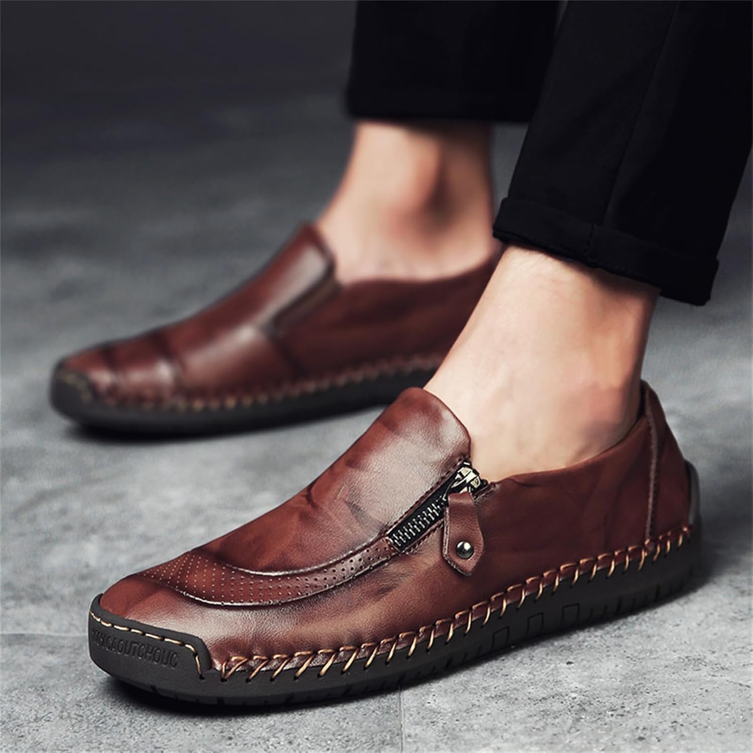 Dress Shoes for Men Lightweight Zipper Slip on Flat Driving Loafers Vintage Walking Slip-on Casual Wedding Oxfords