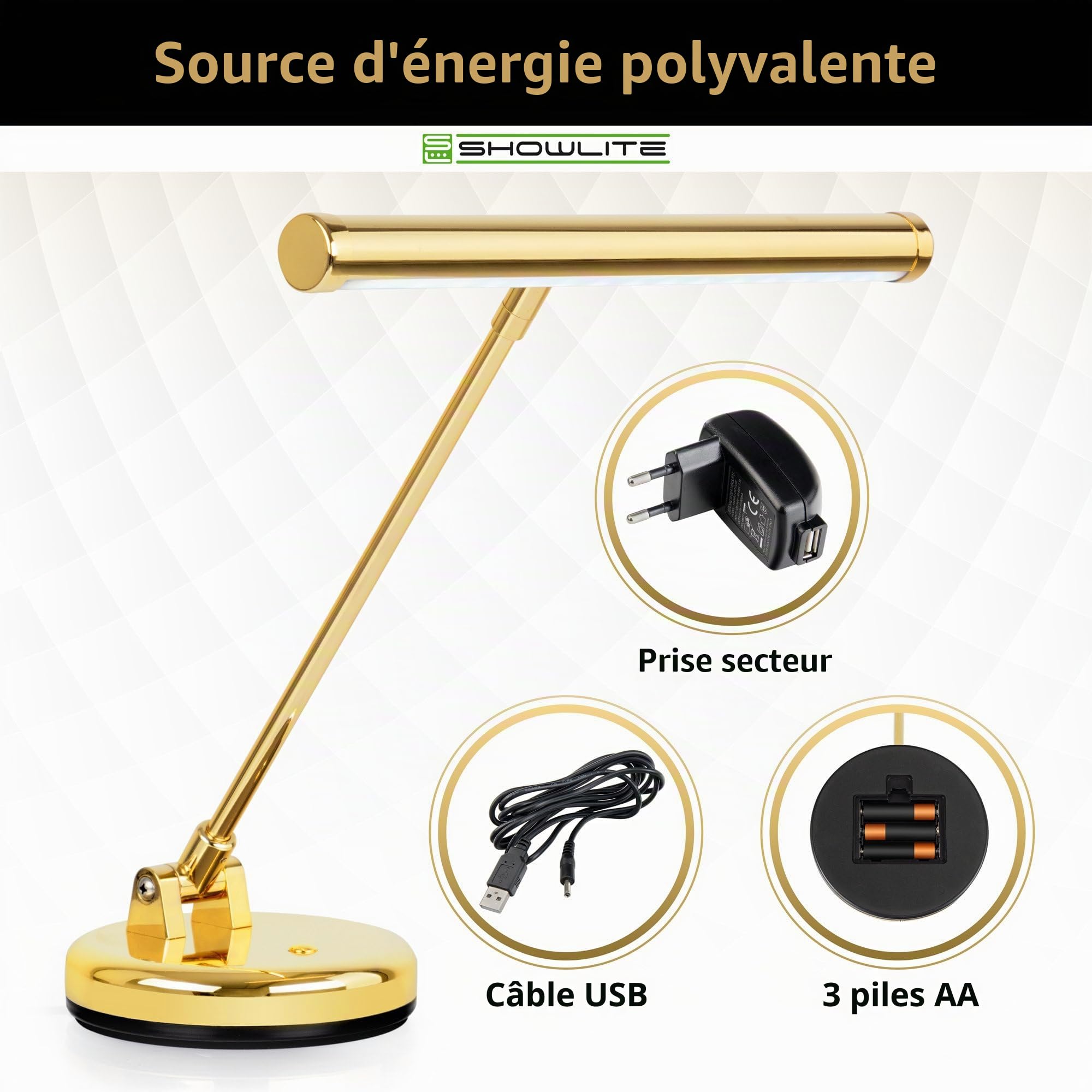 Showlite PL-1-GD-KW Lampe de Piano LED - Lampe de piano avec 15 LEDs - lumière blanc froid en 2 niveaux - hauteur 36 cm - alimentation par USB, secteur ou piles - or brillant