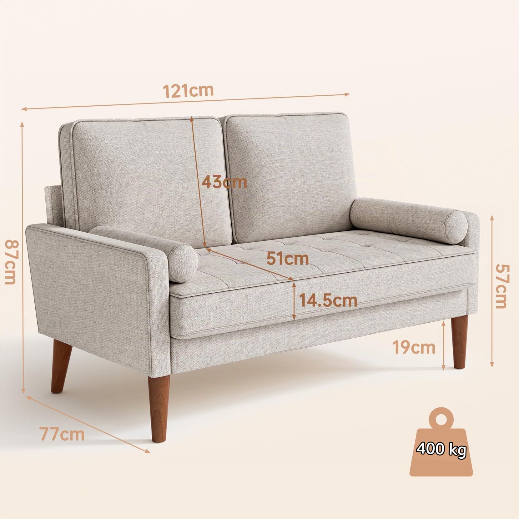 Vesgantti Canapé 2 Places 121 cm, Petit Canapé Compact en Tissu Effet Lin, Loveseat Moderne avec Accoudoirs, Assise à Ressorts, Canapé Salon Chambre Studio, Ashbeige