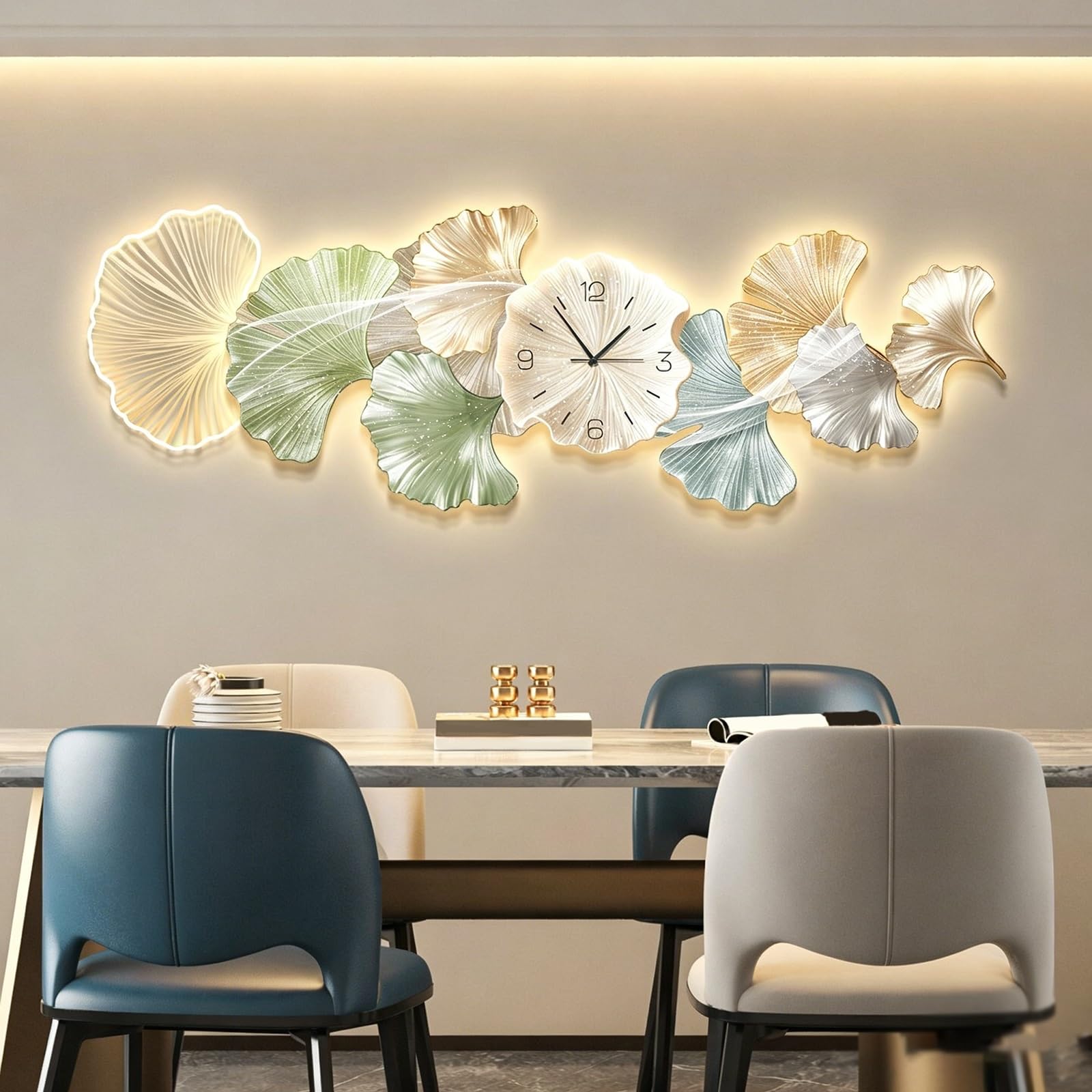 ZCQMSCWW 3D Ginkgo Leaf LED Wall Clock, Silent Non-Ticking Quartz Decor, Modern Dual-Layer Acrylic Art Sculpture with Ambient Light for Living Room Dining Entryway
