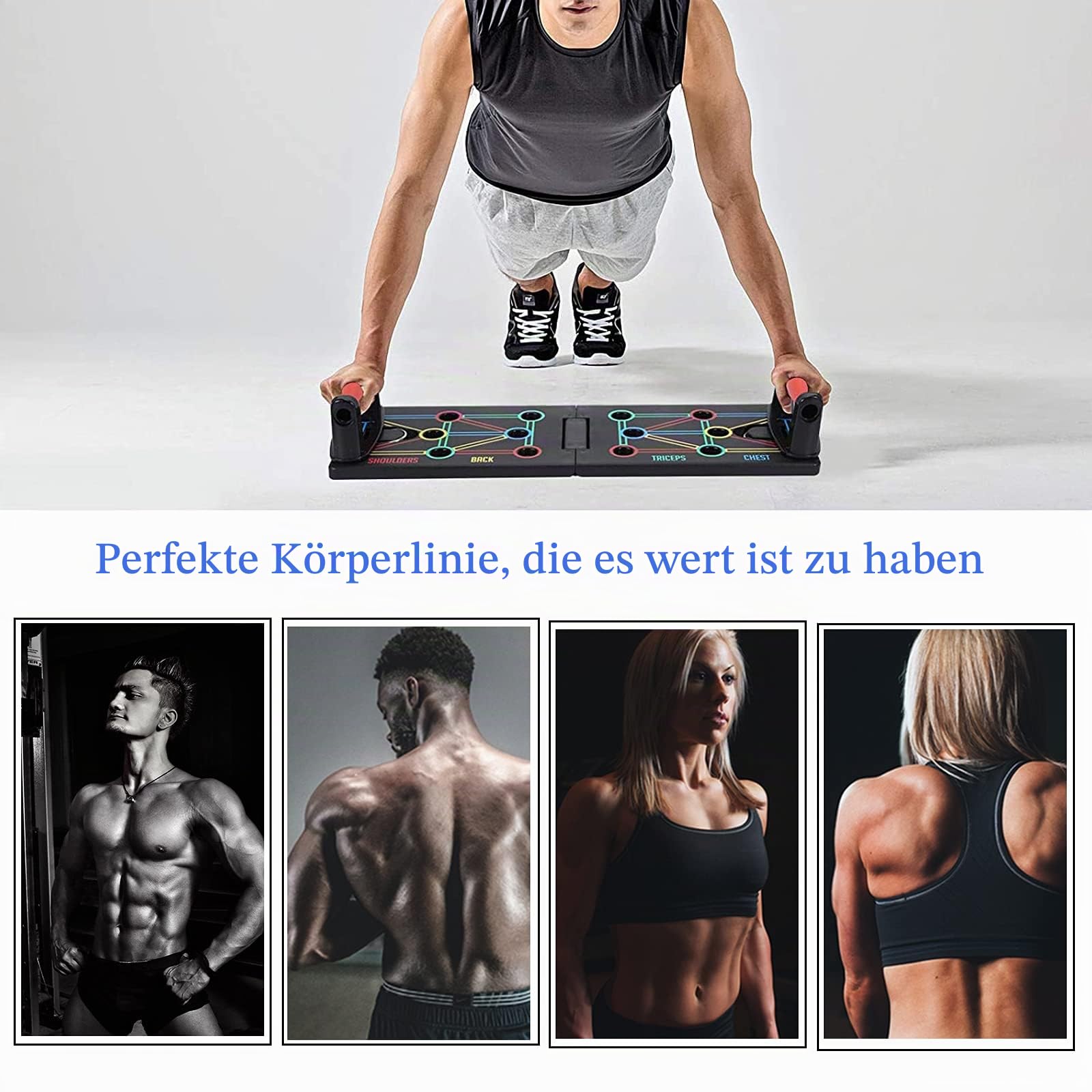 Push Up Board Fitnessgeräte, 12-in-1-Faltbares Multifunktions Tragbar Liegestütze Brett, Fitness Geräte mit Schutzhandschuhen und Rutschfester Silikonmatte, Unisex Sportgeräte