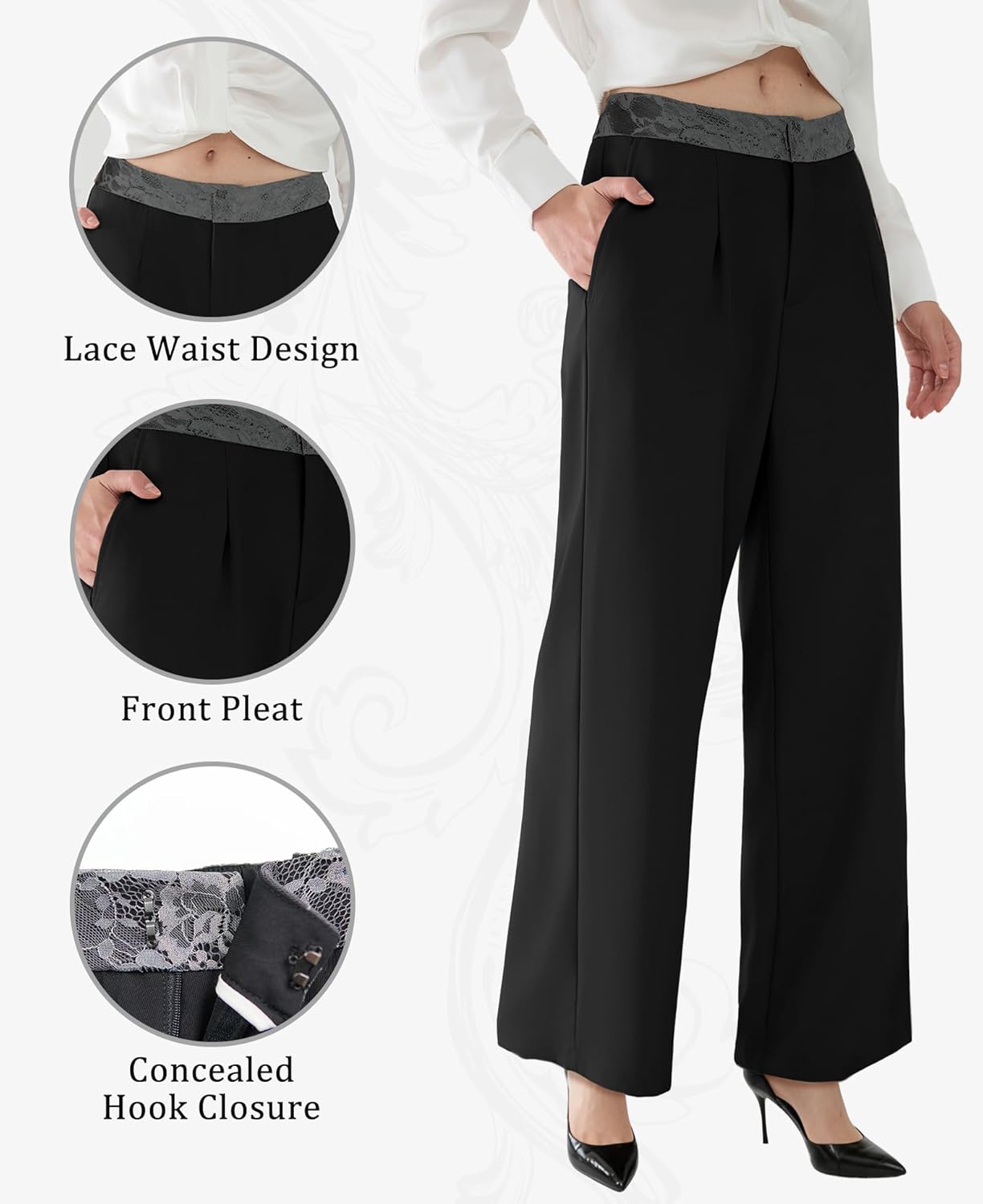 Susclude Womens Lace Casual Dress Pants Wide Leg Baggy Pleated Old Money Slacks High Waisted Fashion Business Work Trousers - Image 4
