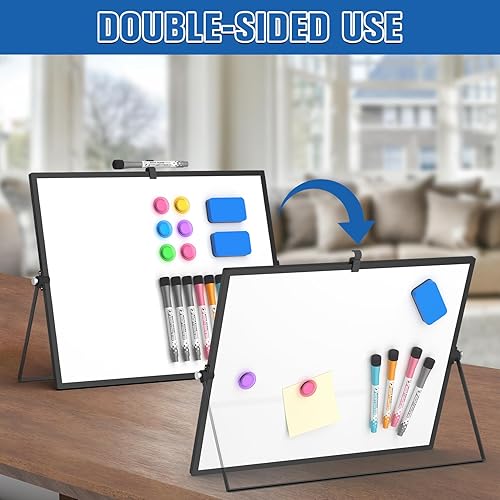 Vista 29 de Grtard Pizarra blanca magnética de borrado en seco, pizarra blanca de escritorio de doble cara de 16 x 12 pulgadas con soporte, juego de pizarra