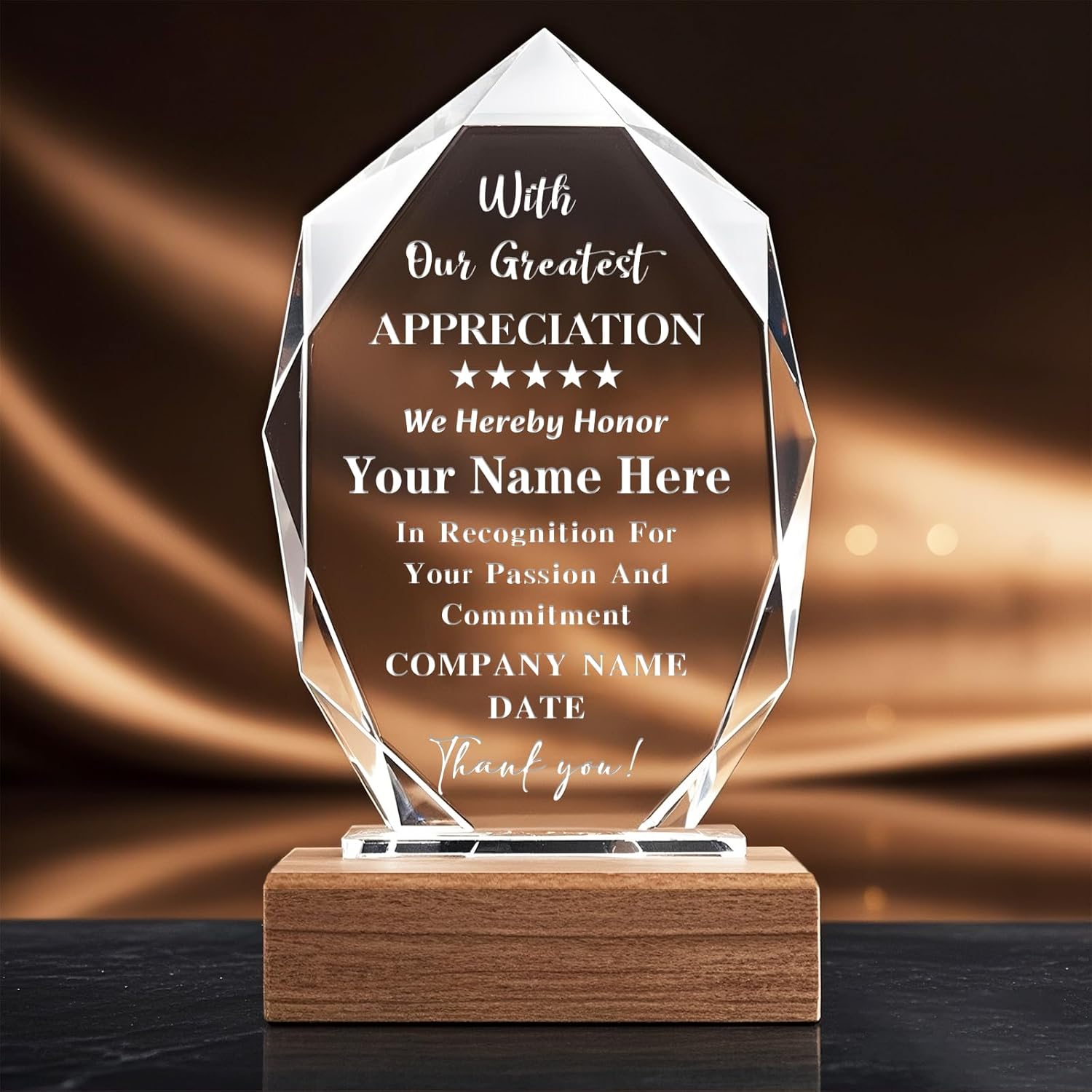 Custom Crystal Trophy Award with Wood Base, Personalized Engraved Text and Logo on Glass Plaque, Appreciation Gift for Employees, Boss, Manager, Retirement, Sports Recognition