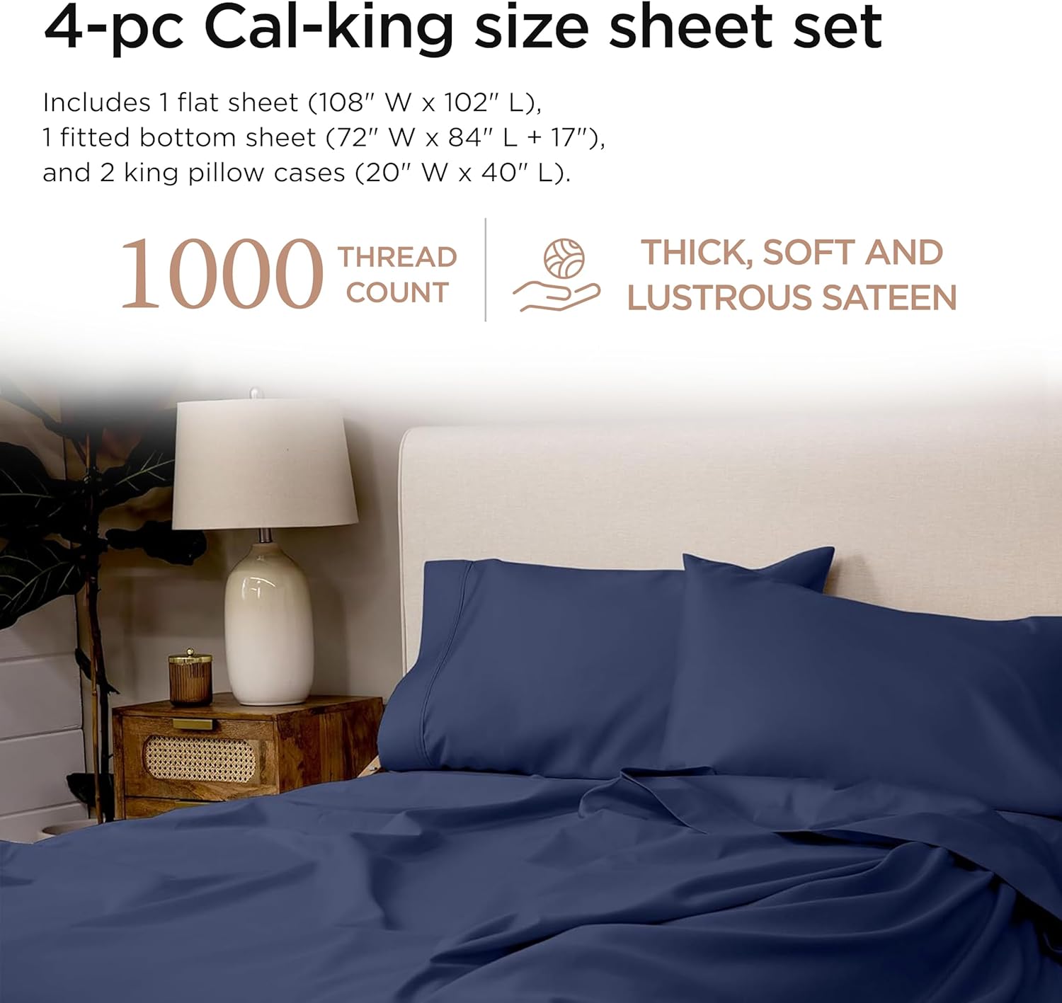 Threadmill California King Sheets, Certified American Supima Cotton Sheet, 1000 Thread Count Hotel Quality Sheets, 4 Piece Luxury Bed Sheets Set with Elasticized Extra Deep Pocket, Folkstone Blue