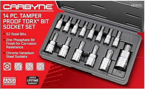Miniatura 2 de CARBYNE Juego de dados Torx de 14 piezas resistentes a manipulaciones, tamaños TT8 a TT60, brocas de acero S2, enchufes Cr-V, caja duradera  Unidad