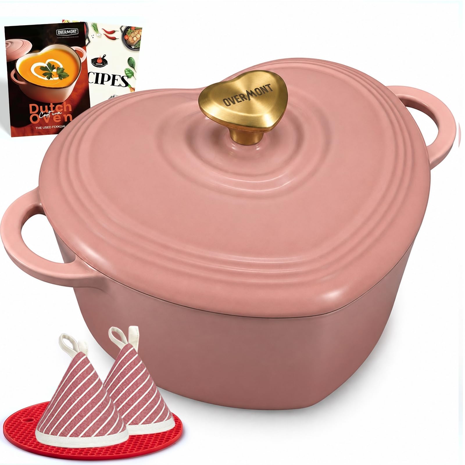 Overmont 2L Enamelled Cast Iron Dutch Oven - Heart-Shaped Casserole Dish