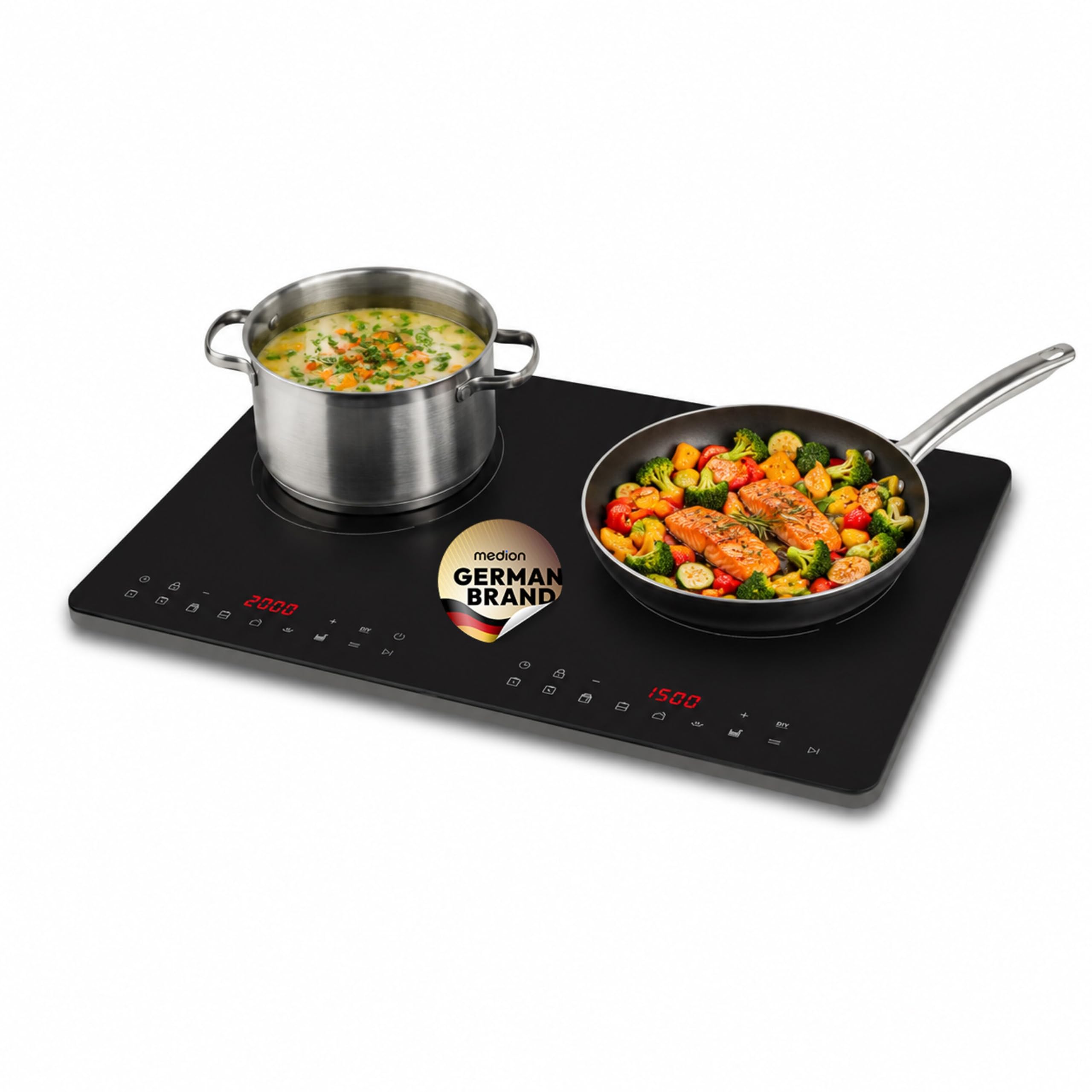 MEDION IC20D Plaque induction 2 foyers 3500 W extra plate | 8 programmes automatiques, mode DIY, écran LED, commande tactile, surface verre sans joint
