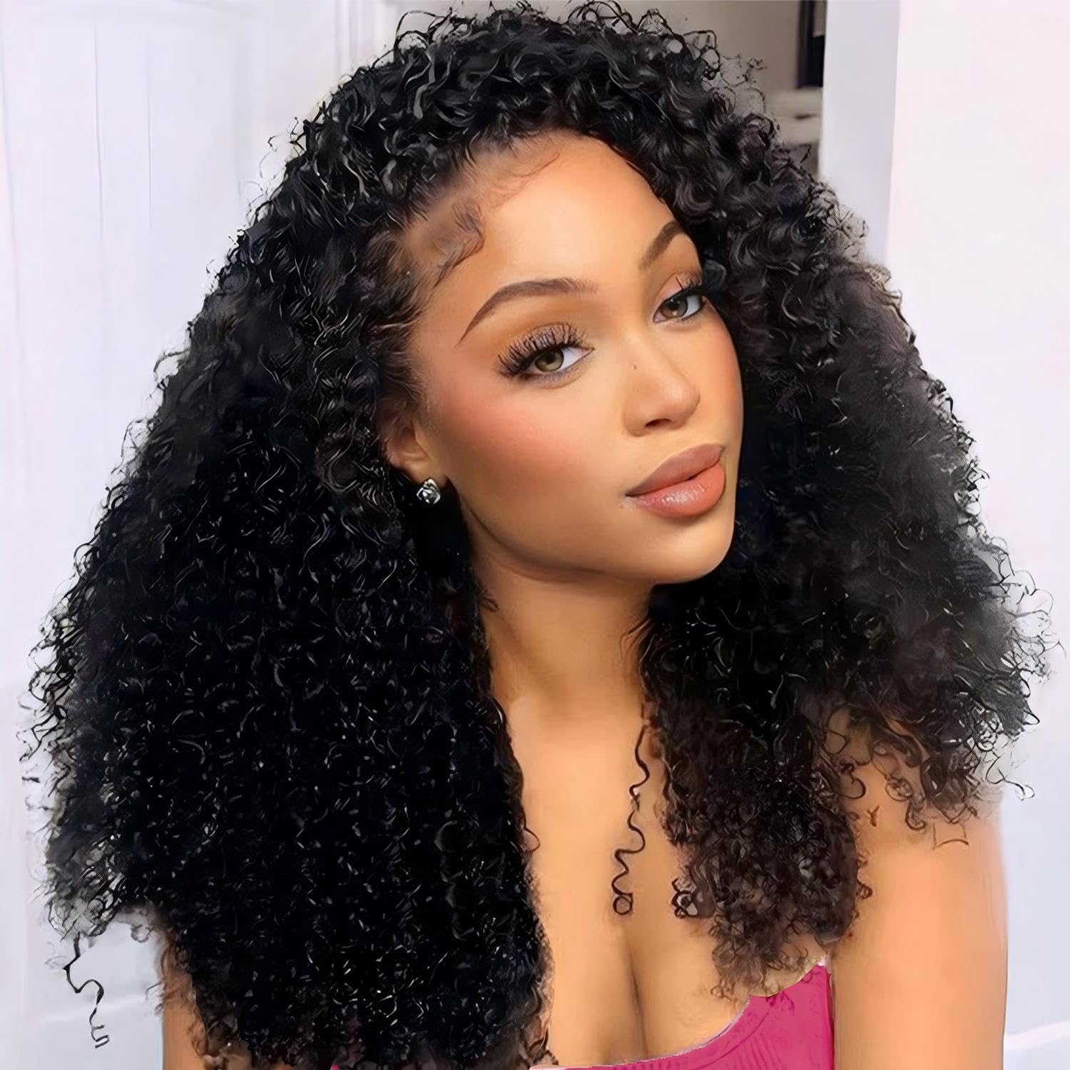 Afro Kinky Curly Human Hair Half Wig 200 Density, No Lace Front, 100% Virgin Human Hair 18 Inch, Thick Full Volume Clip in Natural Black for Daily & Party Use