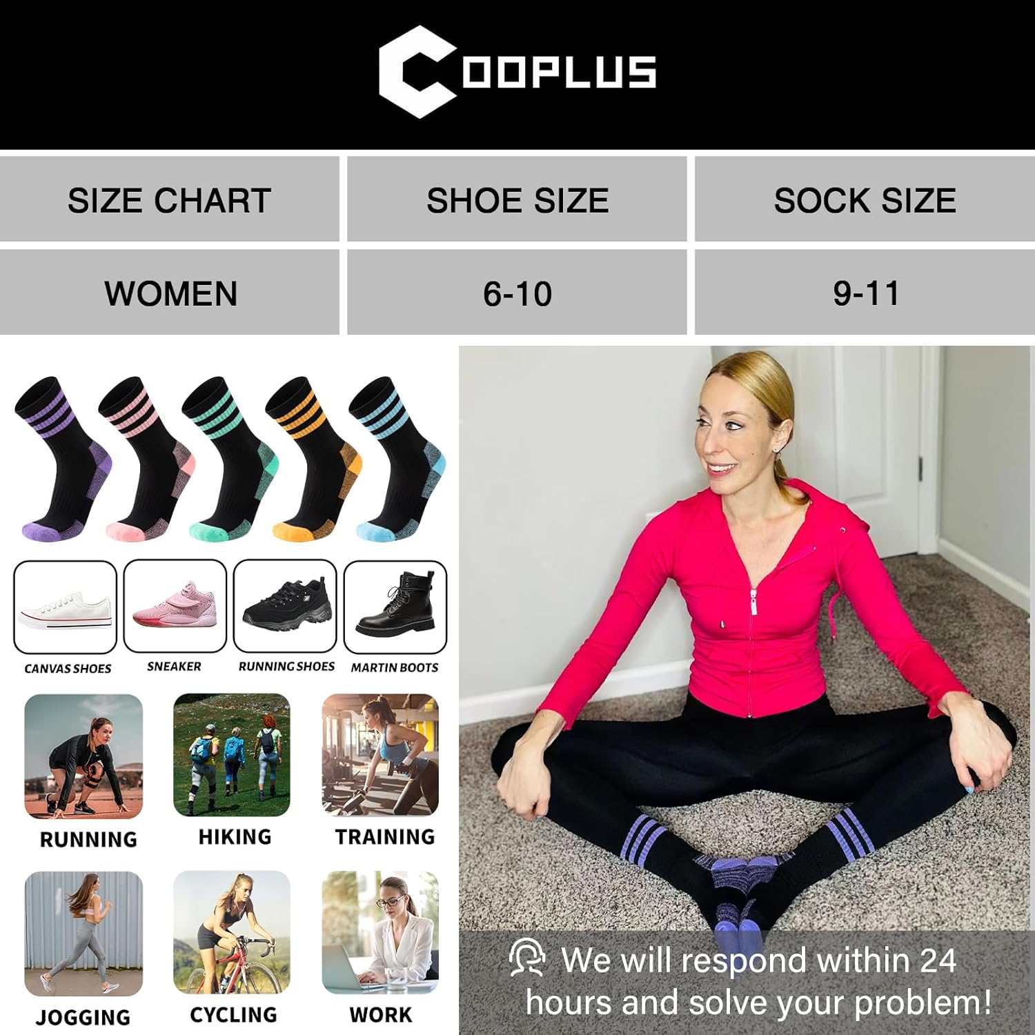 COOPLUS Womens Athletic Crew Socks Cushioned Cotton Wicking Outdoor Recreation Sports Calf Socks 5 Pairs - Image 6