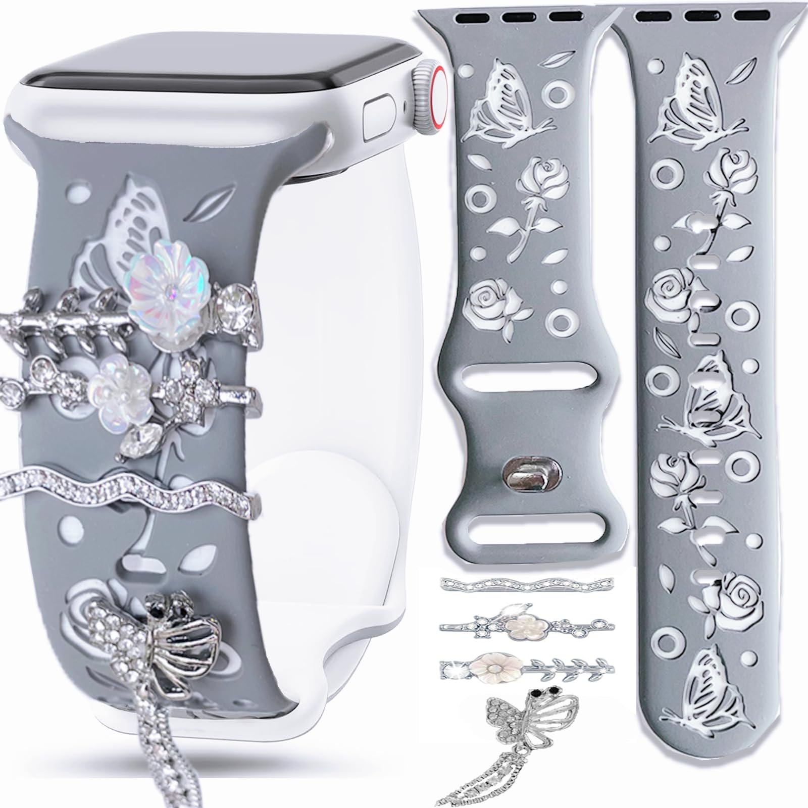 Floral Engraved Pink Silicone Band with Charms Compatible Apple Watch Women 38mm 40mm 41mm 42mm 44mm 45mm 46mm 49mm,Jullstar Butterfly Summer Flower