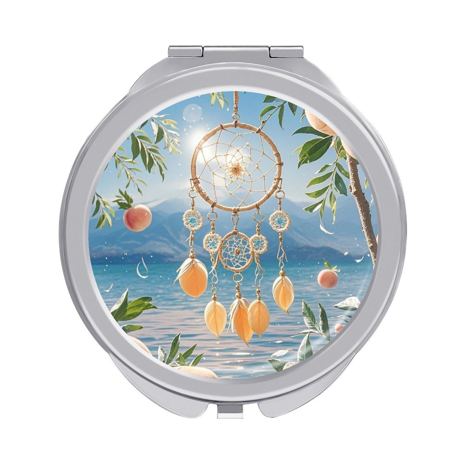 VstaDank Peach Dream Catcher Travel Makeup Mirror 2 X /1 X Magnifying Mini Vintage Pocket Mirror for Purse Small Portable Folding Small Round Mirrors Portable Vanity Mirrors for Women