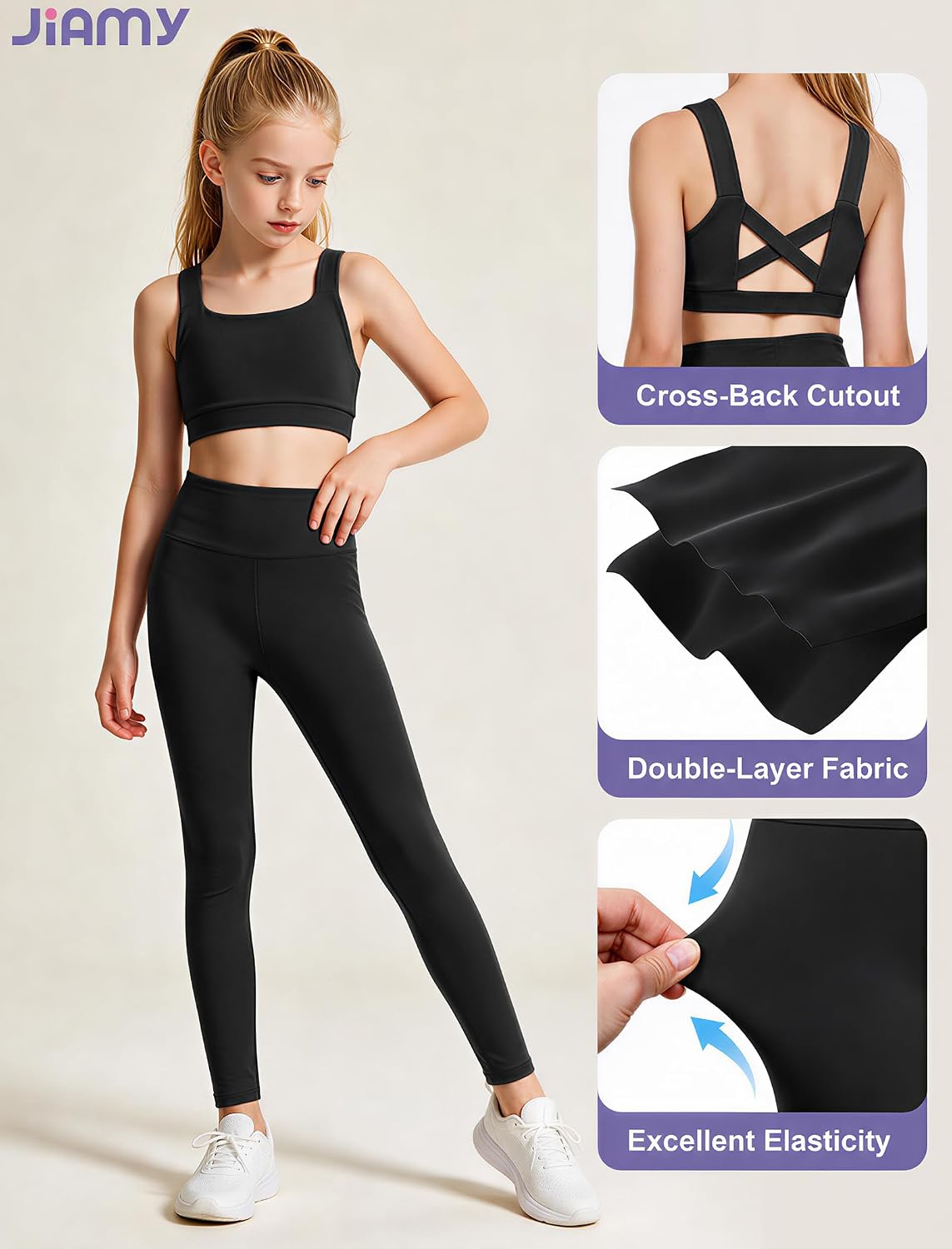 JiAmy Girls 3 Piece Activewear Set with Sports Bra, Top and Leggings