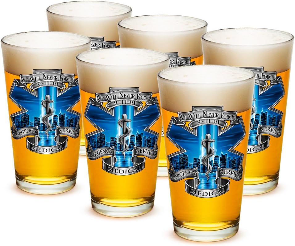 Erazor Bits Pint Glasses ? EMT Paramedic Gifts for Men or Women ? EMT Beer Glassware ? EMS Blue Skies Beer Glass with Logo - 4 Piece Collector Set (16 Oz)