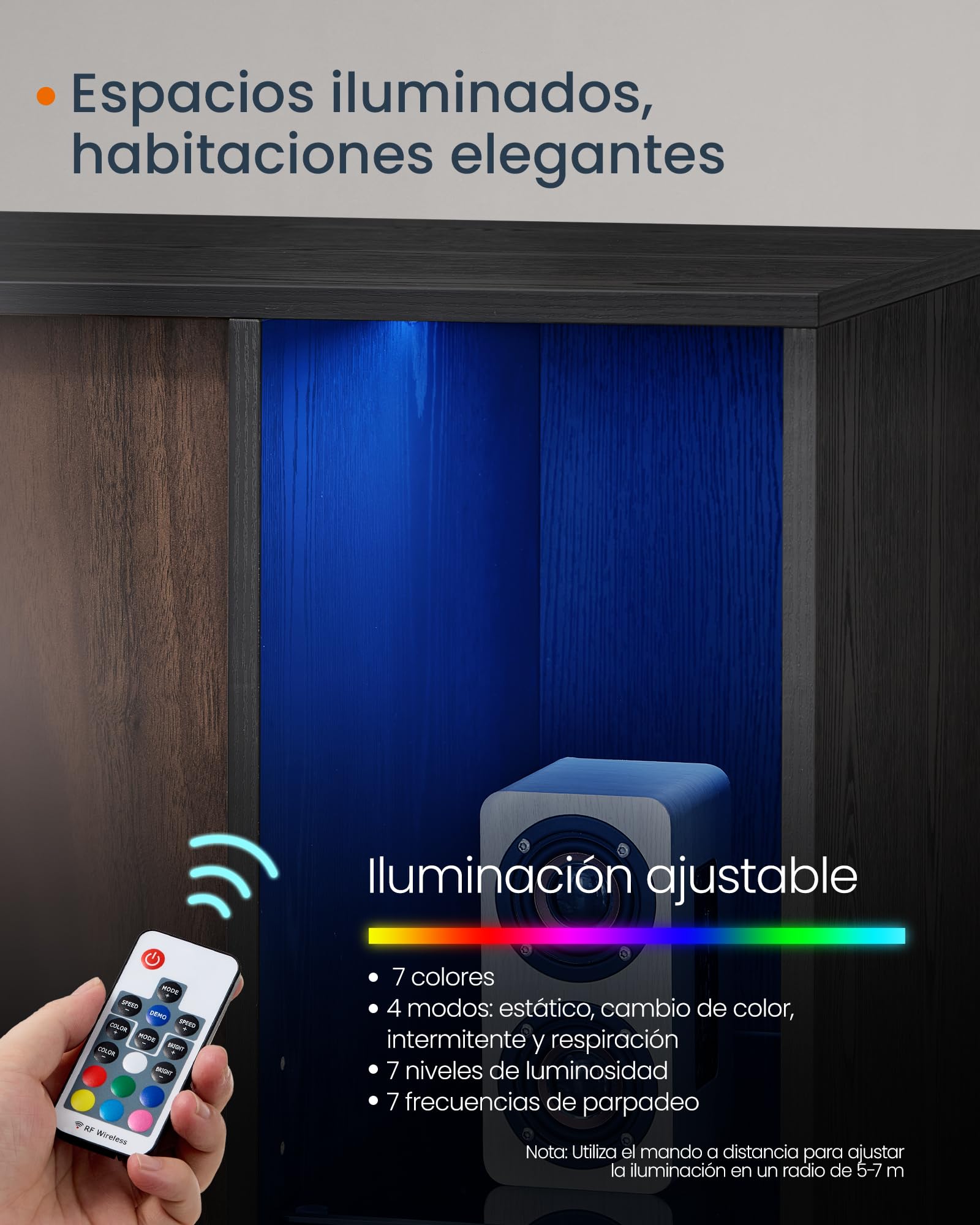 SONGMICS Home Aparador, Montaje Súper Rápido Sin Herramientas Toolless, Mueble de TV con Iluminación y Estante de Cristal, Aparador, Nogal Natural y Negro Ébano BBK372B01