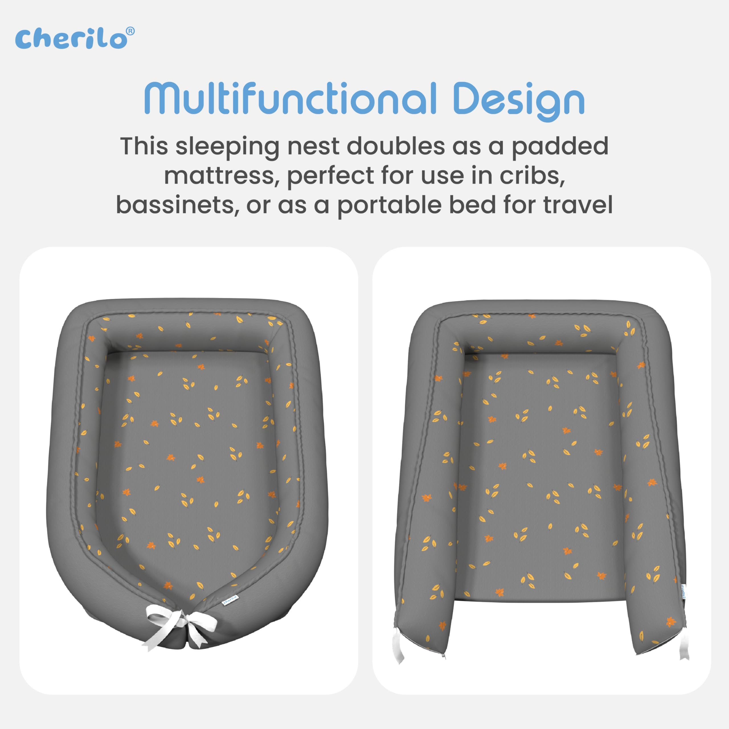 Cherilo Baby Sleeping Bag, Cotton Bedding Set for Infants and New Born Baby Carry Nest, Portable Bassinet Sleeping Pod for Bed, Age 0+ Months, (Grey Leaf) - Image 3 thumbnail