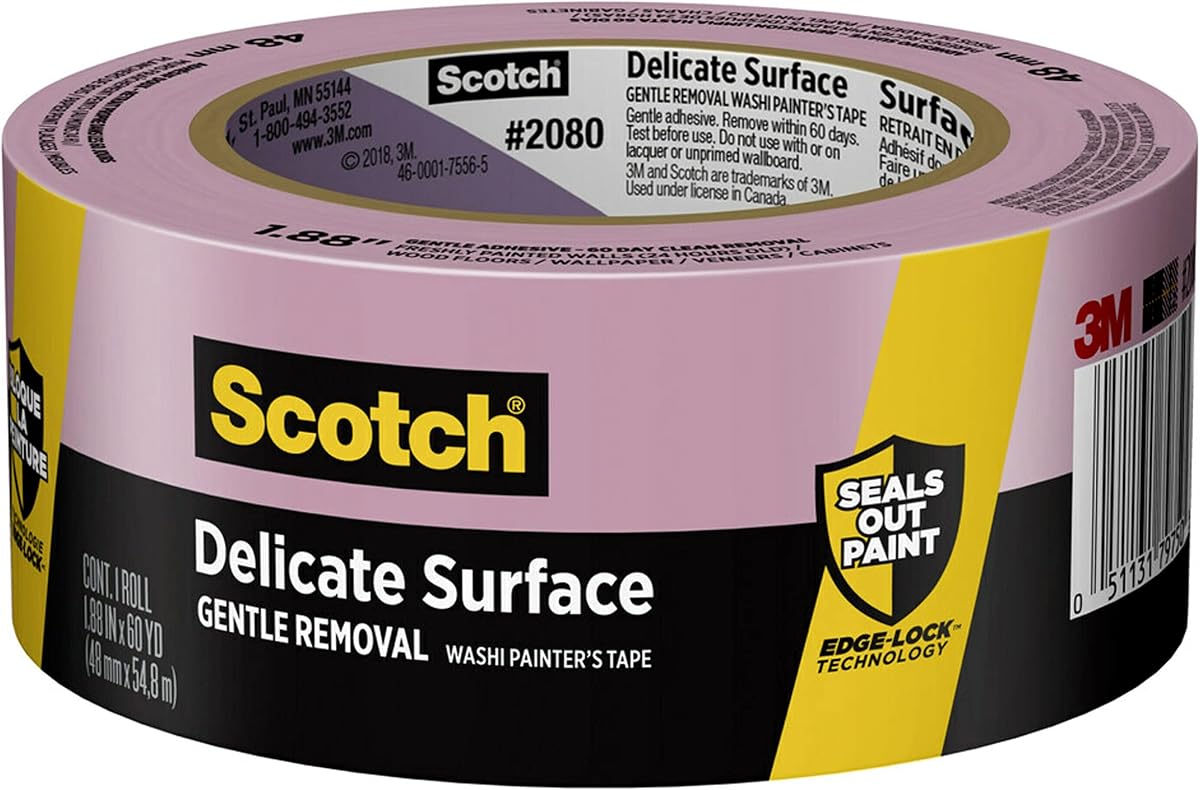 Delicate Surfaces Painters Tape, 1.88 in x 60 yd, Damage-Free Painting Prep, Protect Delicate Surfaces, UV & Sunlight Resistant, Solvent-Free Adhesive, Indoor Masking Tape, 1 Roll (2080-48EC)