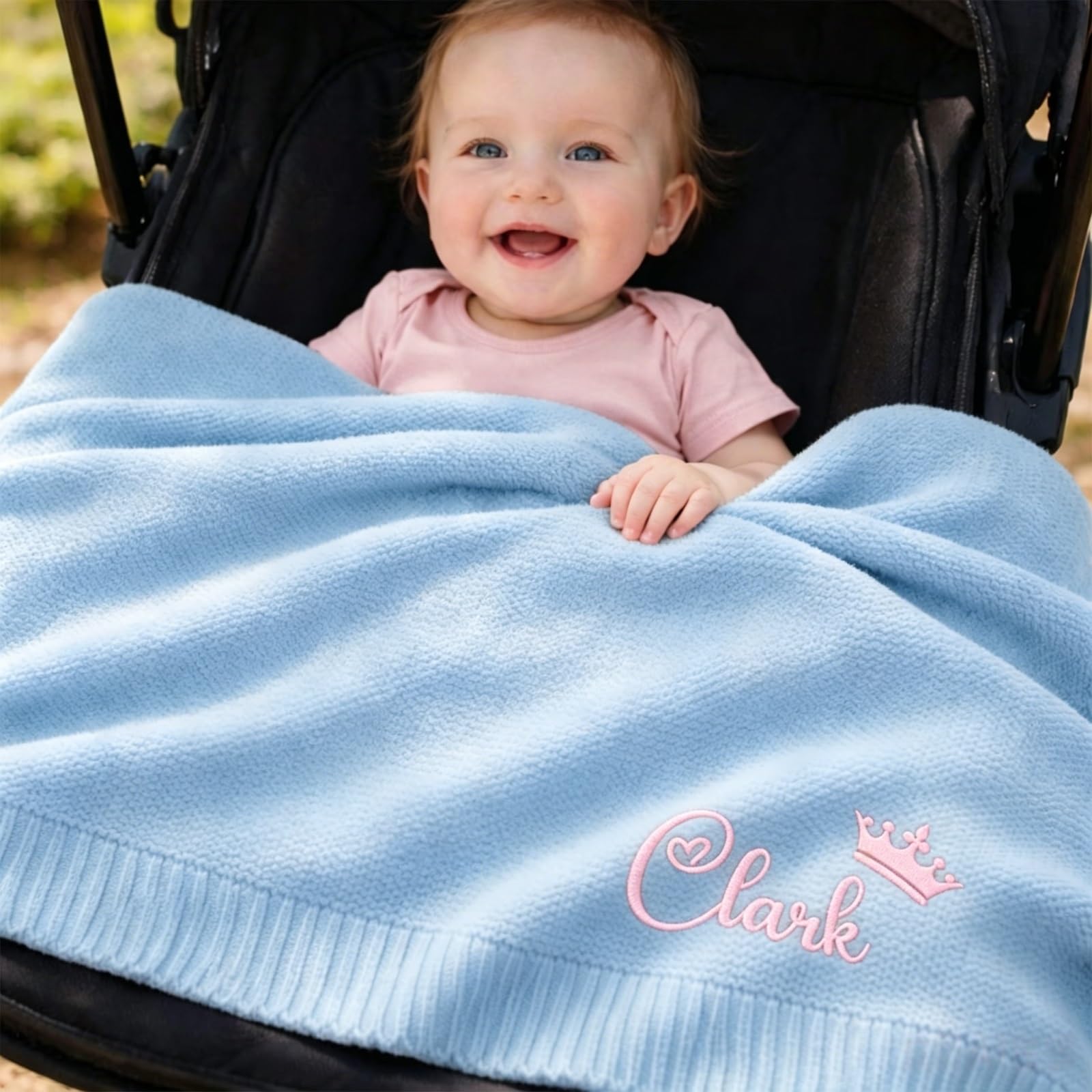ZZTINGC Personalized Baby Name Blanket, Custom Embroidered Soft Knit Blanket, Baby Shower Present, Newborn Keepsake, New Mom Gift (30x40 Inches)(Light Blue)