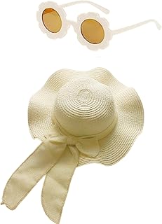 Summer Straw Hat Girl Beach Sun Protection Hat Foldable Bowknot Wide Brim Cap Sun Visor Hat with Sunglasses