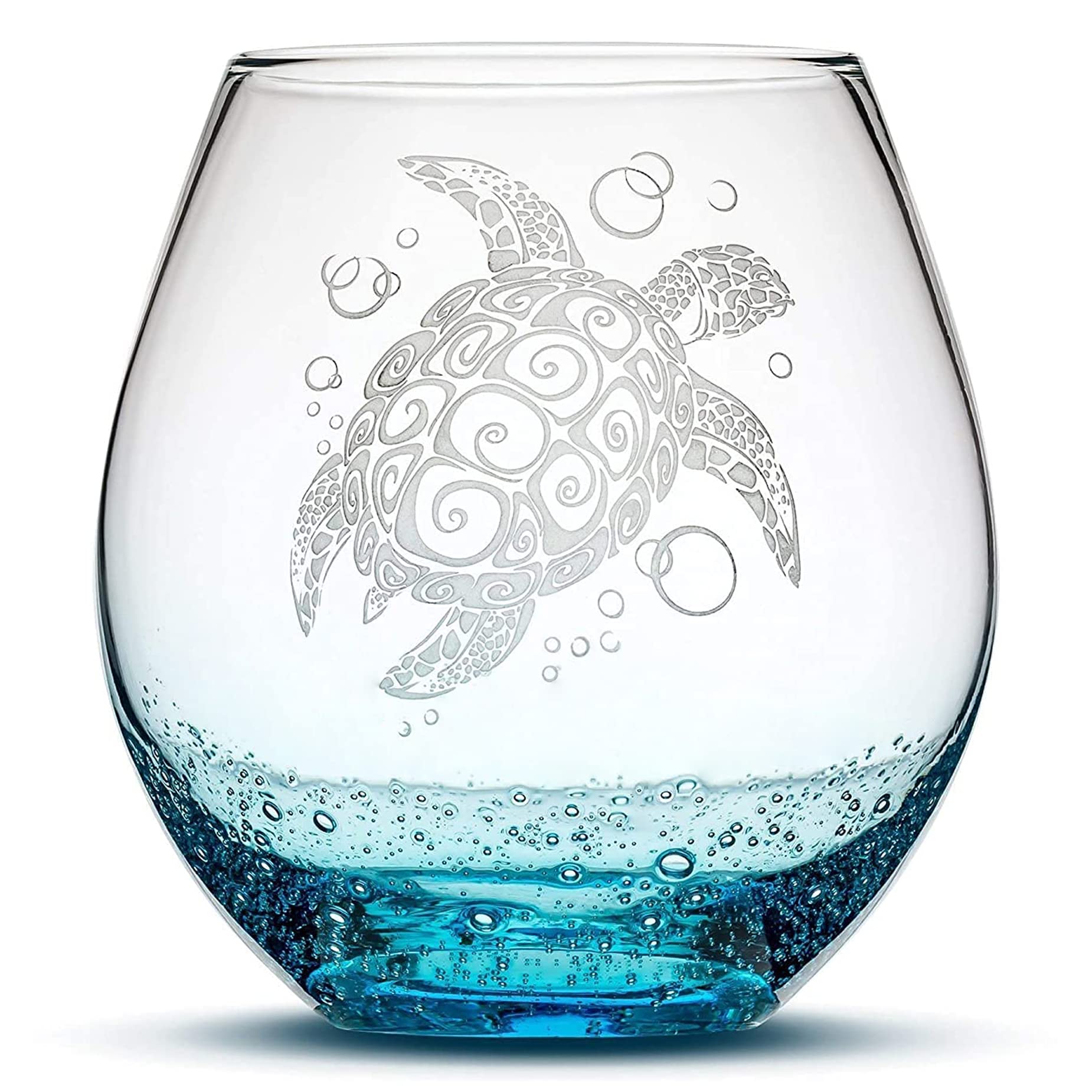 Integrity Bottles Tribal Sea Turtle Design, Stemless Wine Glass, Handmade, Handblown, Hand Etched Gifts, Sand Carved, 18oz (Bubbly Turquoise)