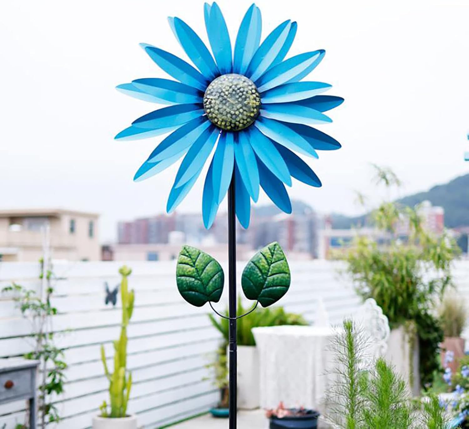 Outdoor Patio Decor, Flower Garden Wind Spinner Large Metal Decor Wind Sculpture for Yard Garden Ornament Windmill Spike,Yellow 2M,Blue 2m