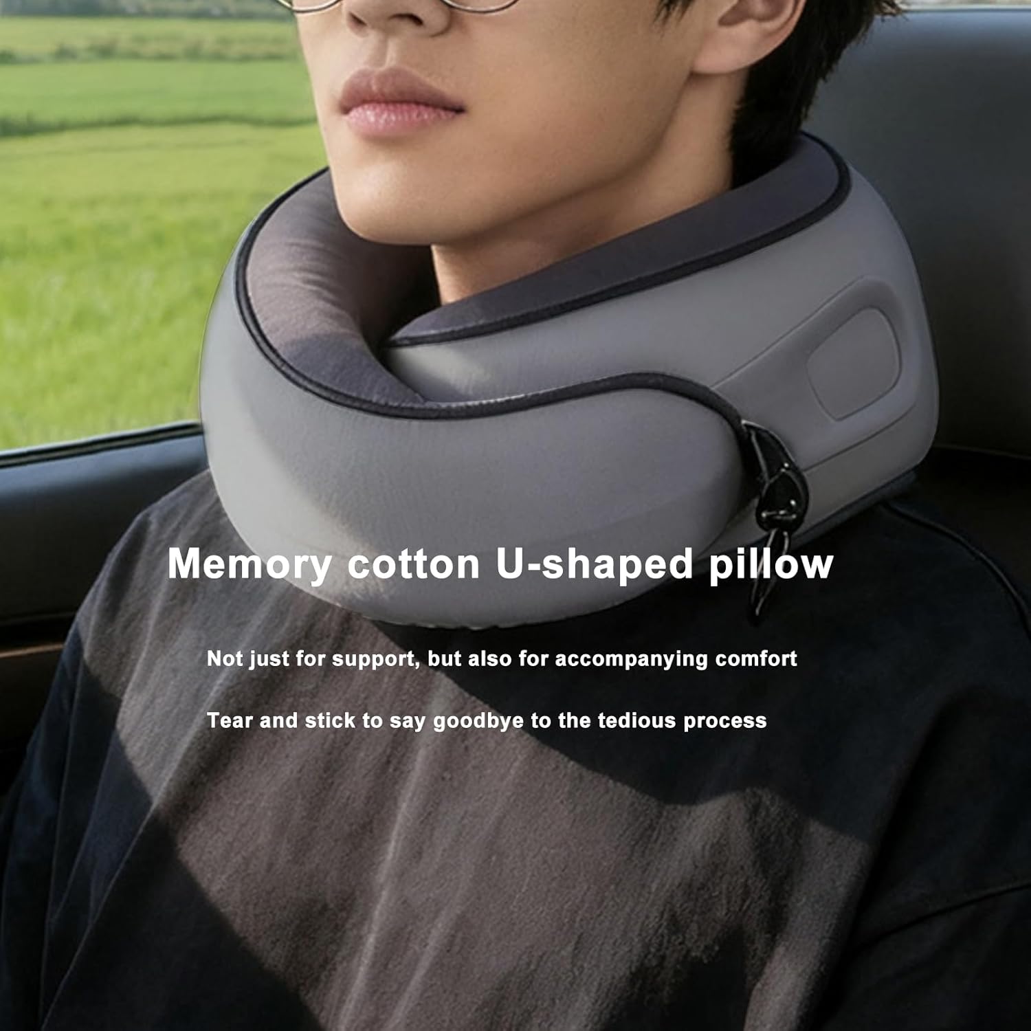 Memory Foam Travel Neck Pillow - Ergonomic 360° Support for Airplanes, Cars & Office - Compact Foldable Design with Cooling Ice Silk Cover & Adjustable Hook (Dark Gray)