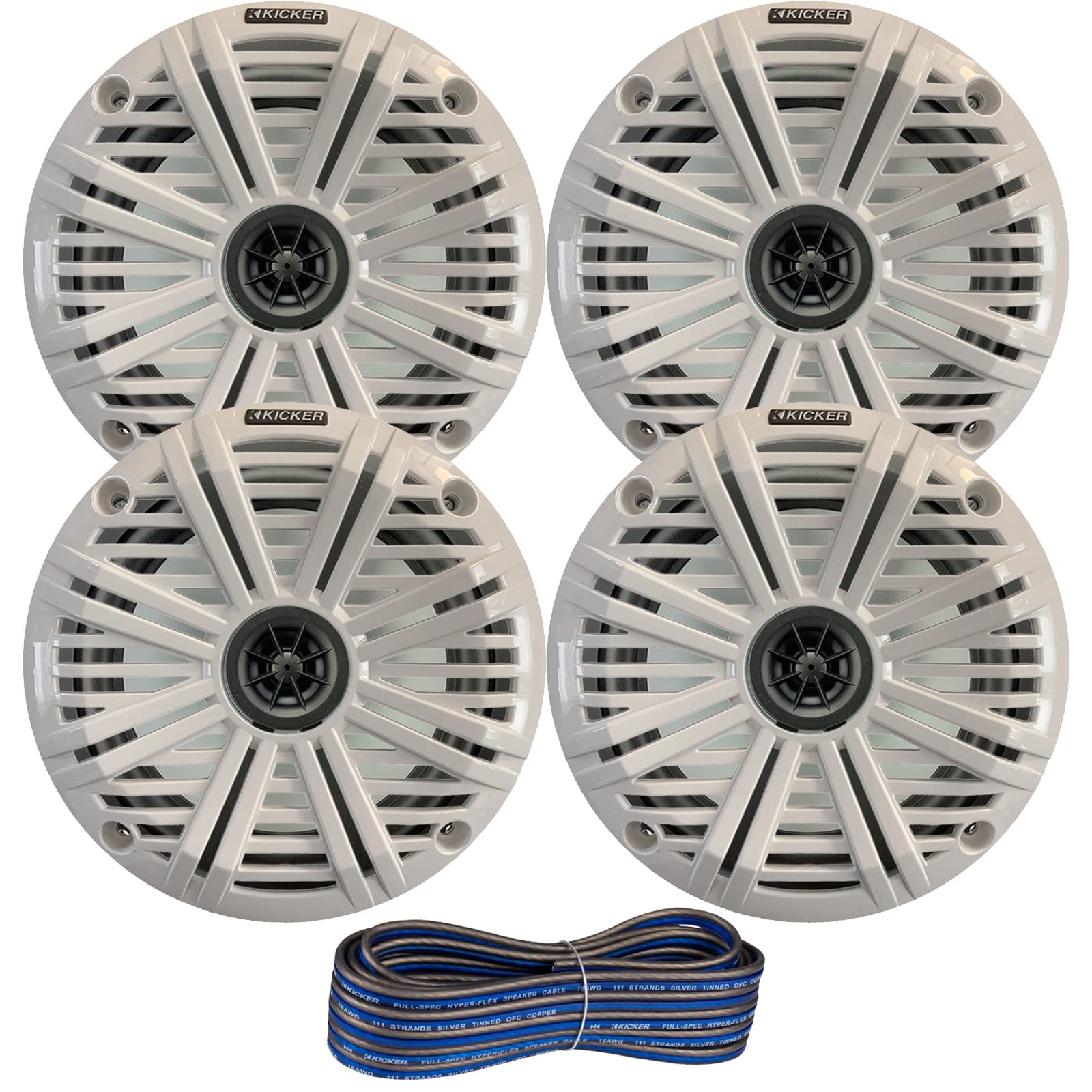2 paires (Qté 4) de haut-parleurs coaxiaux audio marins Kicker 16,5 cm 2 voies 195 W puissance maximale avec grilles d'eau salée blanches, fil de haut-parleur de calibre 16 de 15,2 m