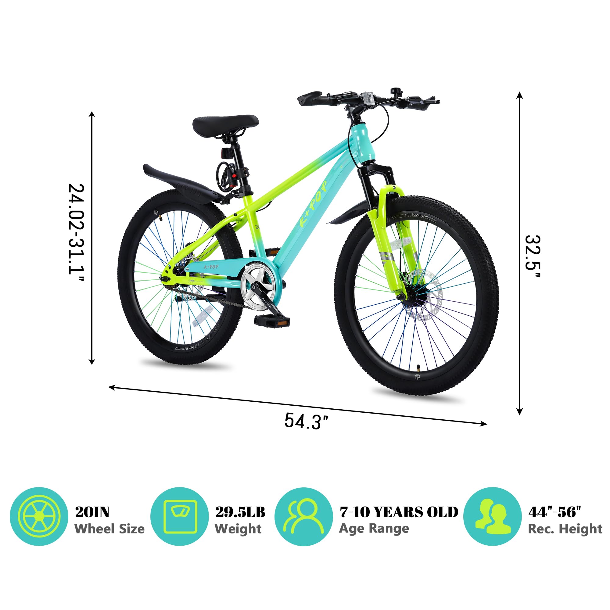 20 24 Inch Kids' Mountain Bike, Front Suspension Fork Kids' Bicycles for Boys Girls, Single Speed Bikes for Girls Boys Ages 8-12, Front and Rear Disc Brakes, Adjustable Seat Height