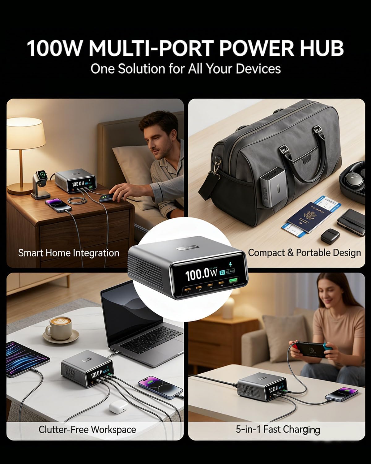 100W GaN Charging Station, UL Certified | 5-Port Desktop USB C Charger Block w/Real-Time LCD Display & Control Dial, for MacBook Pro/Air, iPad, iPhone 17/16/15 - Home & Office Power Hub