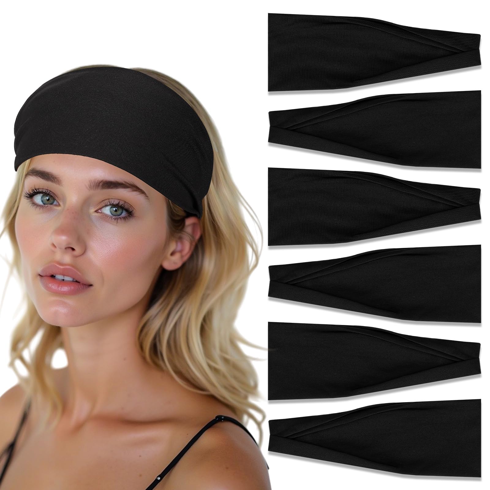 6 Pack Headbands for Women Non Slip,Sports Head Bands,Wide Workout Headband,Running Headband for Women Yoga, Workout (Black, 9.45×3.54 in)-image-34