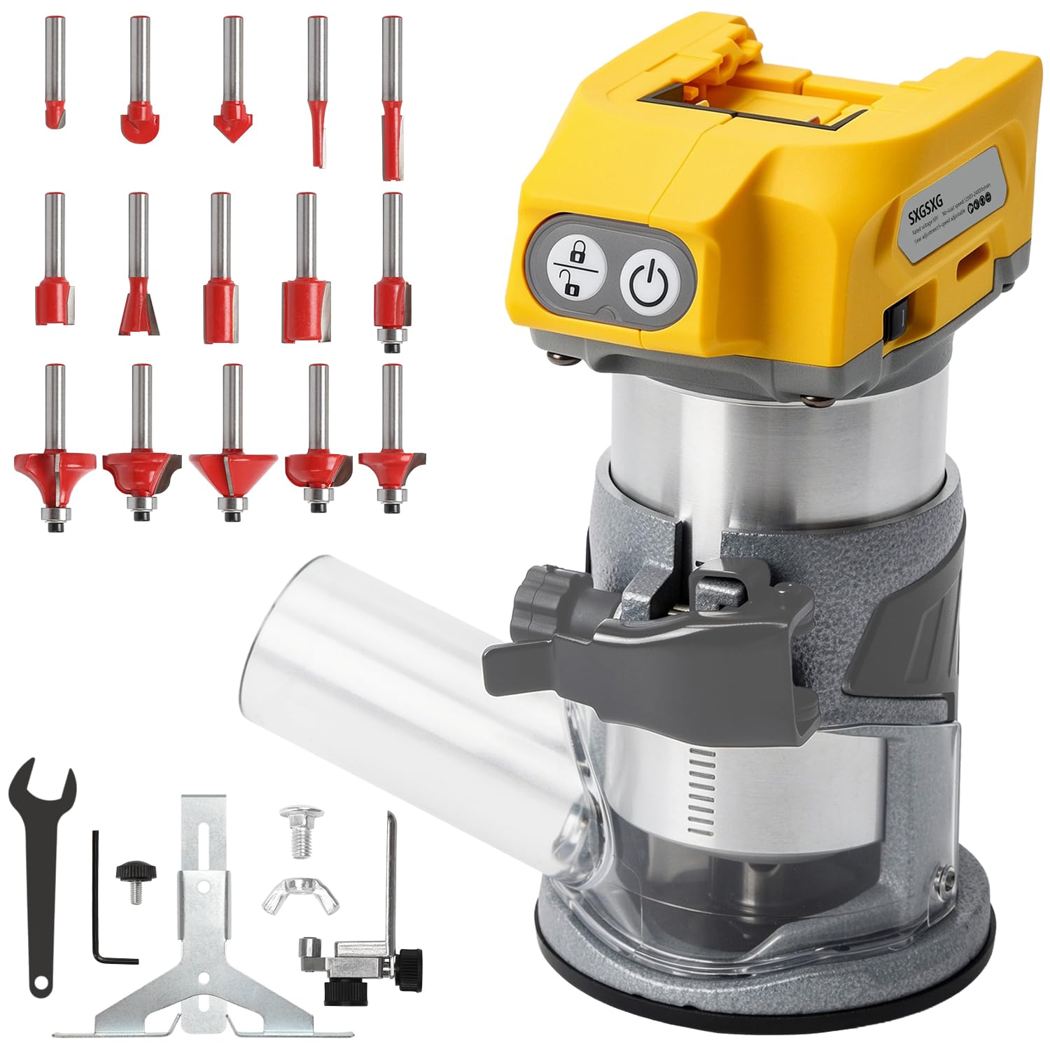 Enrutador de madera compatible con batería Dewalt de 20 V, herramienta de enrutador para 800 W 30000 RPM, 5 velocidades variables, enrutador inalámbrico de base fija, 15 brocas de enrutador de 0.25