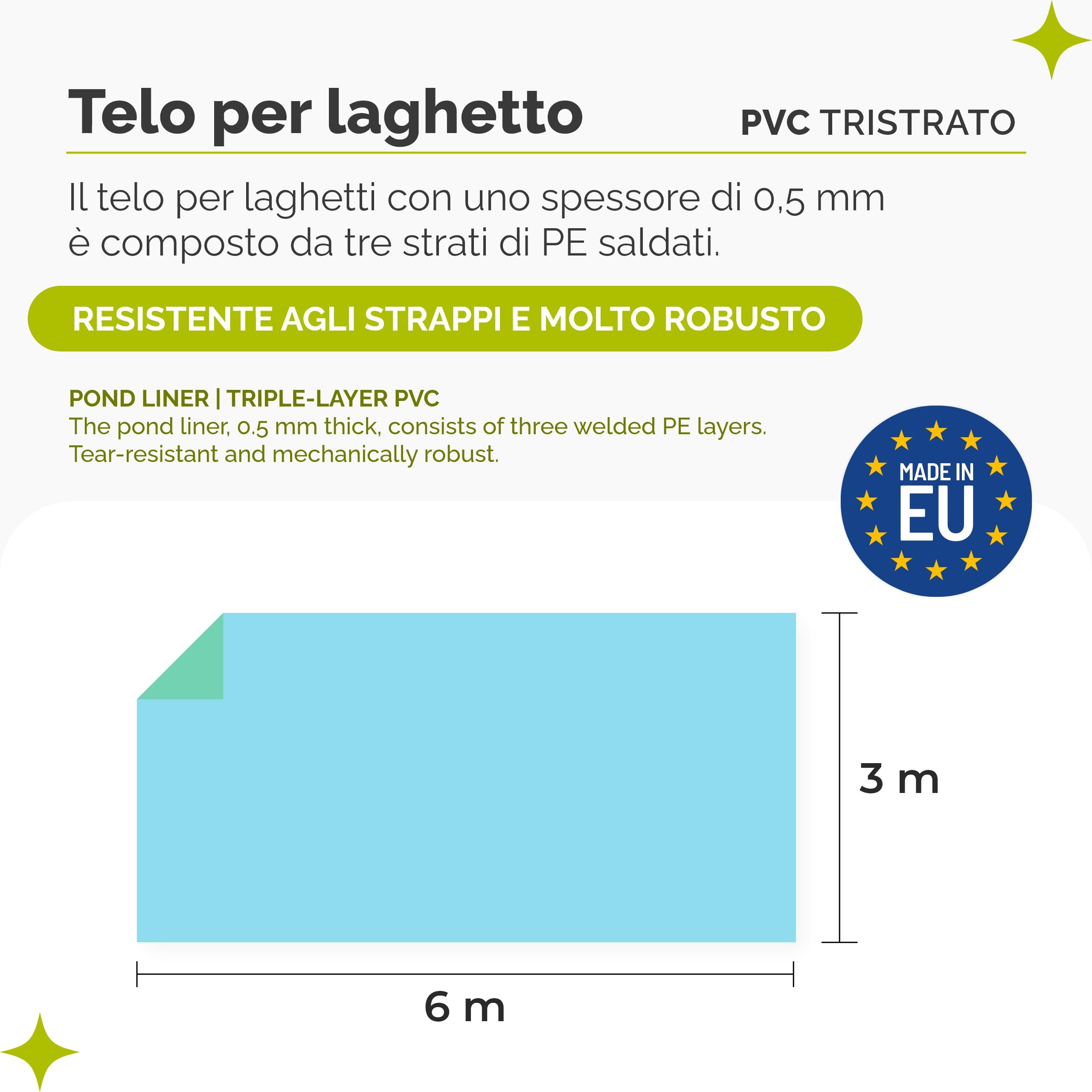 Garronda Telo per Laghetto 6x1 m Fino a 8x10 m PE 0,5 mm – Telo Impermeabile per laghetto Giardino, Stagno Pesci, ruscello e Fontana, Resistente UV, 3 Strati,Blu-Verde, GD-0223