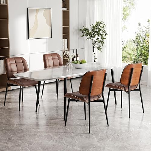 Miniatura 9 de Juego de 2 sillas de comedor, modernas de mediados de siglo, sillas de cocina tapizadas de piel sintética con cojín grueso y respaldo de madera