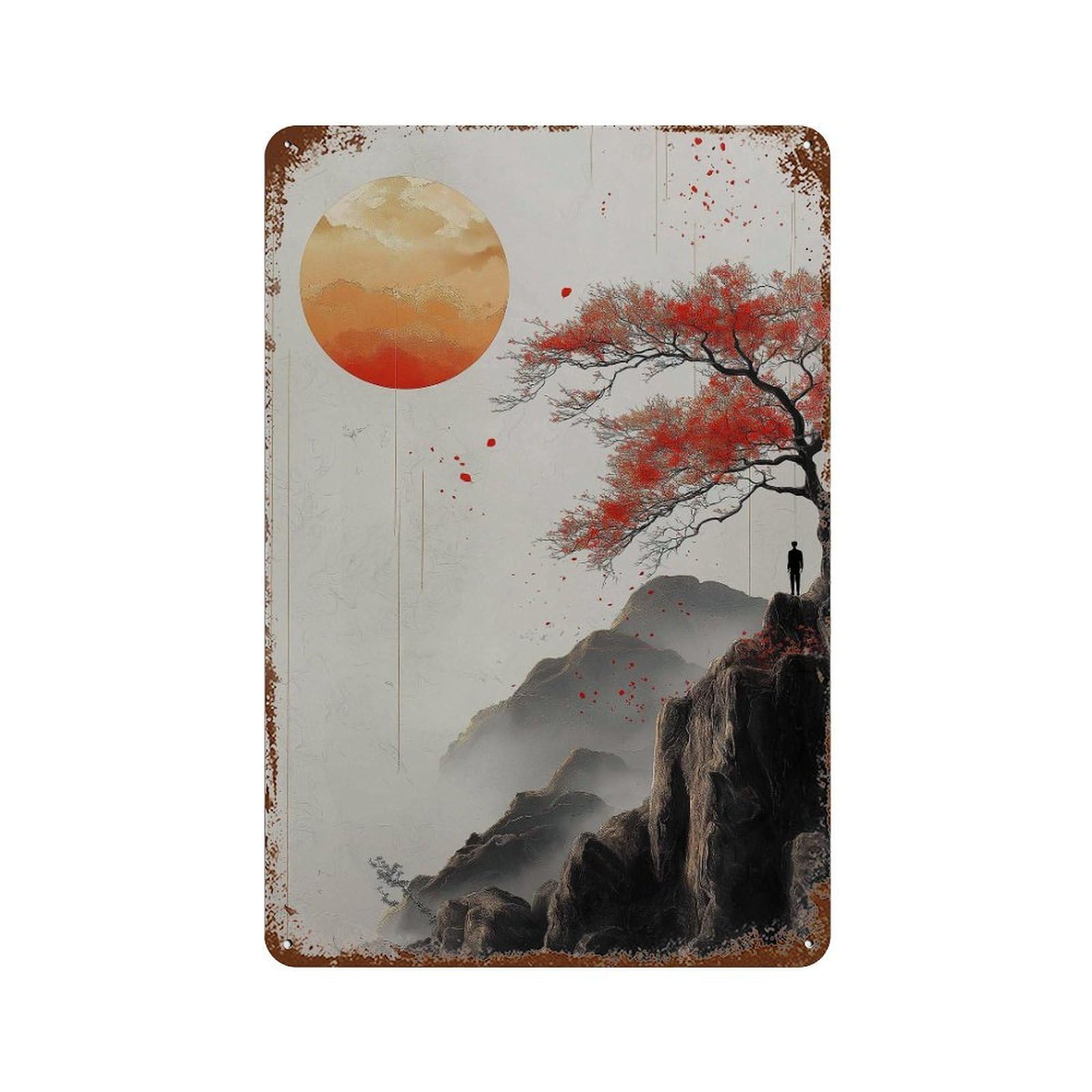xiaoxiaoshen Japanese Red Tree Mountain Cliff Sun Landscape Asian Nature Minimal Zen Vertical Wall Decor Art Metal Tin Poster Modern Home Decor Art Home Bar Shop Decorations Vintage Sign 30x20cm