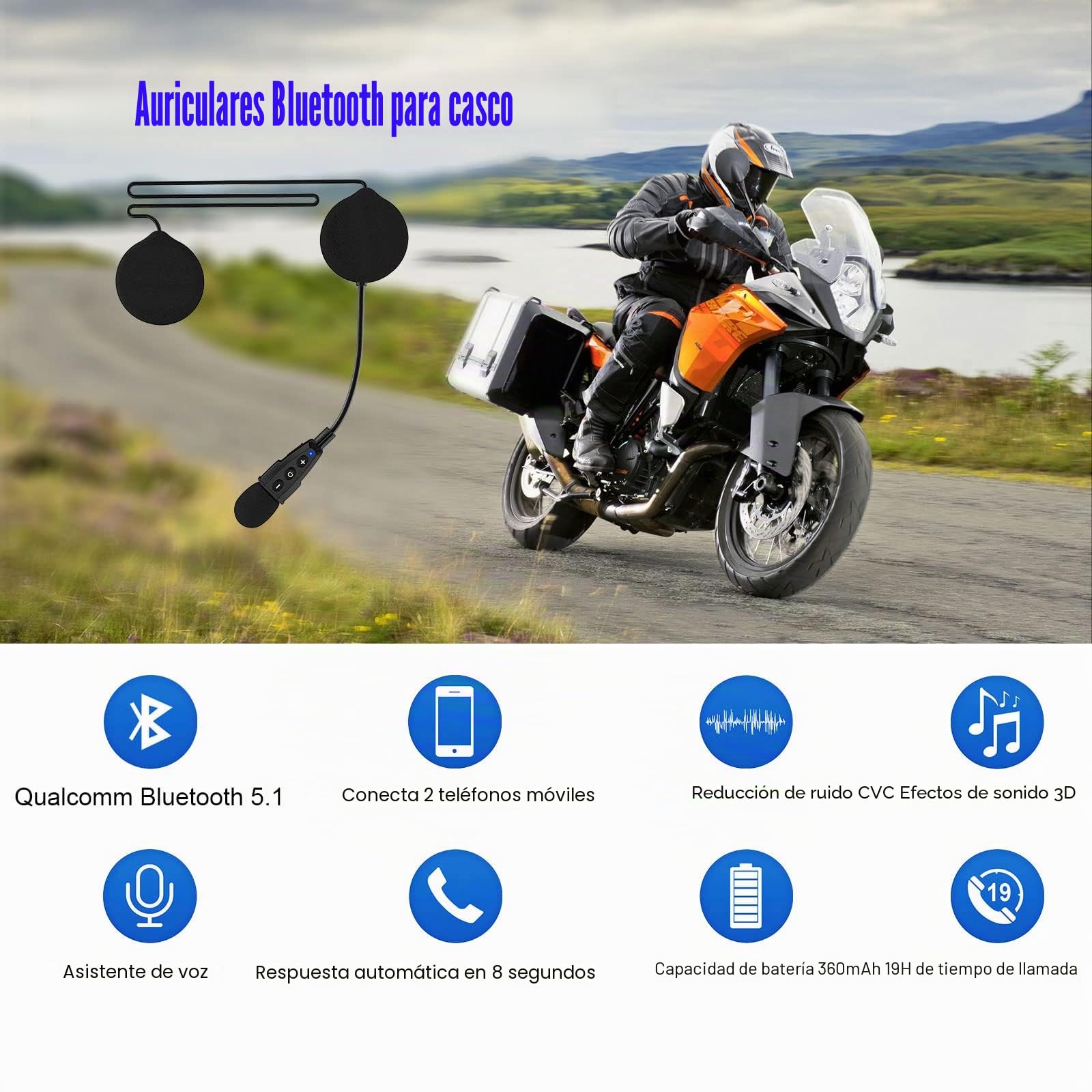 EJEAS E1+ Auriculares Bluetooth 5.1 para Casco de Motocicleta, con Función de Reducción de Ruido CVC y Efectos de Sonido 3D, Altavoz con Casco de Motocicleta Puede Conectar 2 Teléfonos Móviles