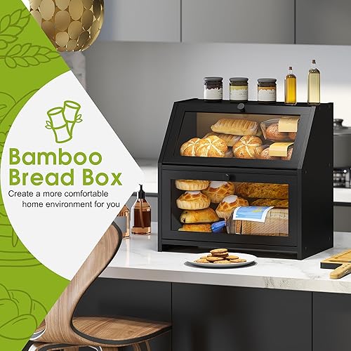 Miniatura 2 de BMOSU Panera con tabla de cortar, almacenamiento y organizador de pan de cocina, encimera de granja, panera doble de madera de bambú, cubo de gran