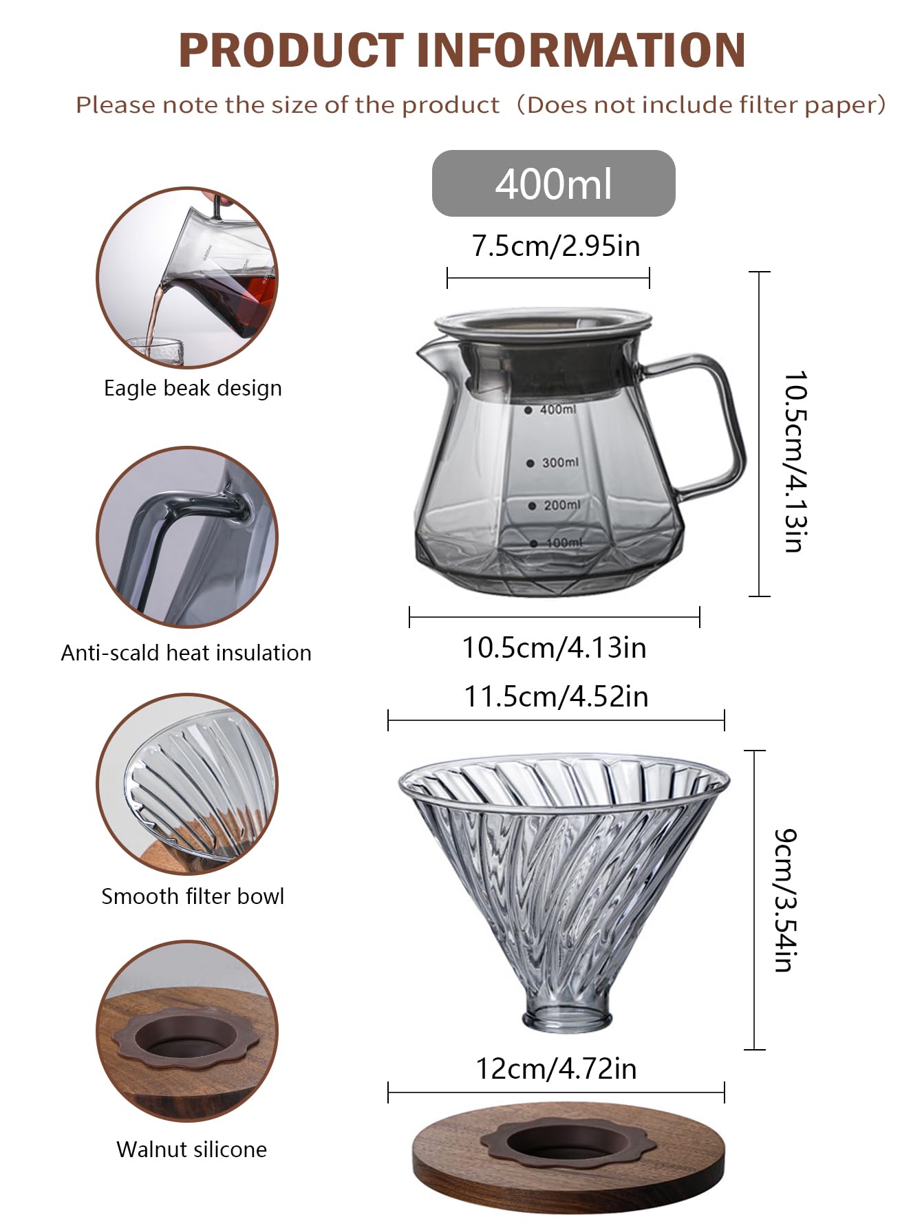 Hand Brewed Glass Coffee Pot with Cover, 400ml / 600ml Glass Pour Over Coffee Maker, Glass Pour Over Coffee Maker with Coffee Dripper for Home, Office (400ml)