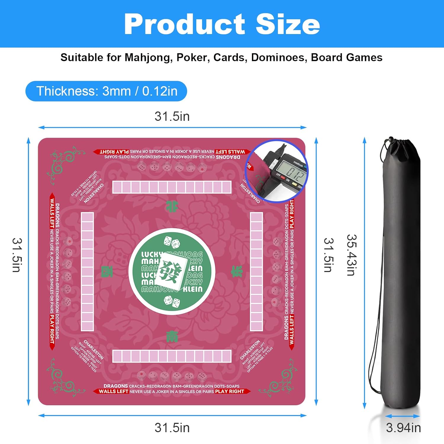Mahjong Mat for Table - Board Game Poker Table Mat, Slip Noise Reduction Gaming Mat, American Mahjong Mat with Rules, Game Mat for Mahjong/Poker/Board Games/Card Games/Dominoes (Rose red)
