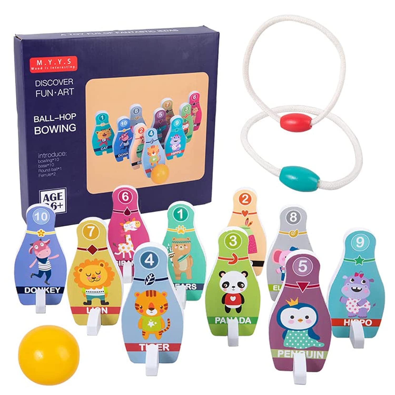 Wooden Bowling Set for Kids with Cute Animal & Numbers 1-10 Pins, Bowling Ball, Carrying Case, Developmental Indoor & Outdoor Educational Toy for Kids