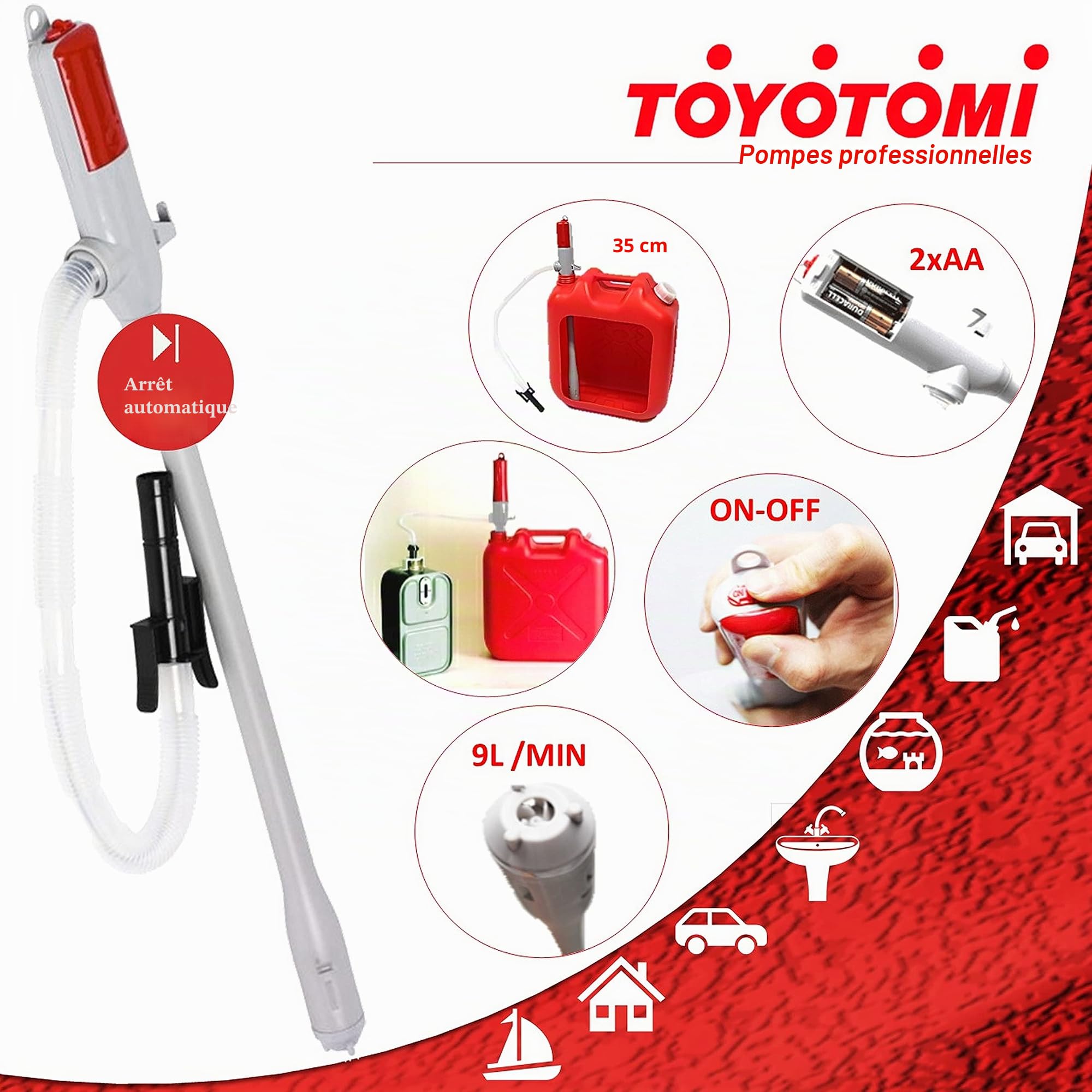 Pompe professionnelle sans fil Toyotomi, excellence japonaise, convient pour le transfert de tout liquide, aspire jusqu'à 10 litres par minute.