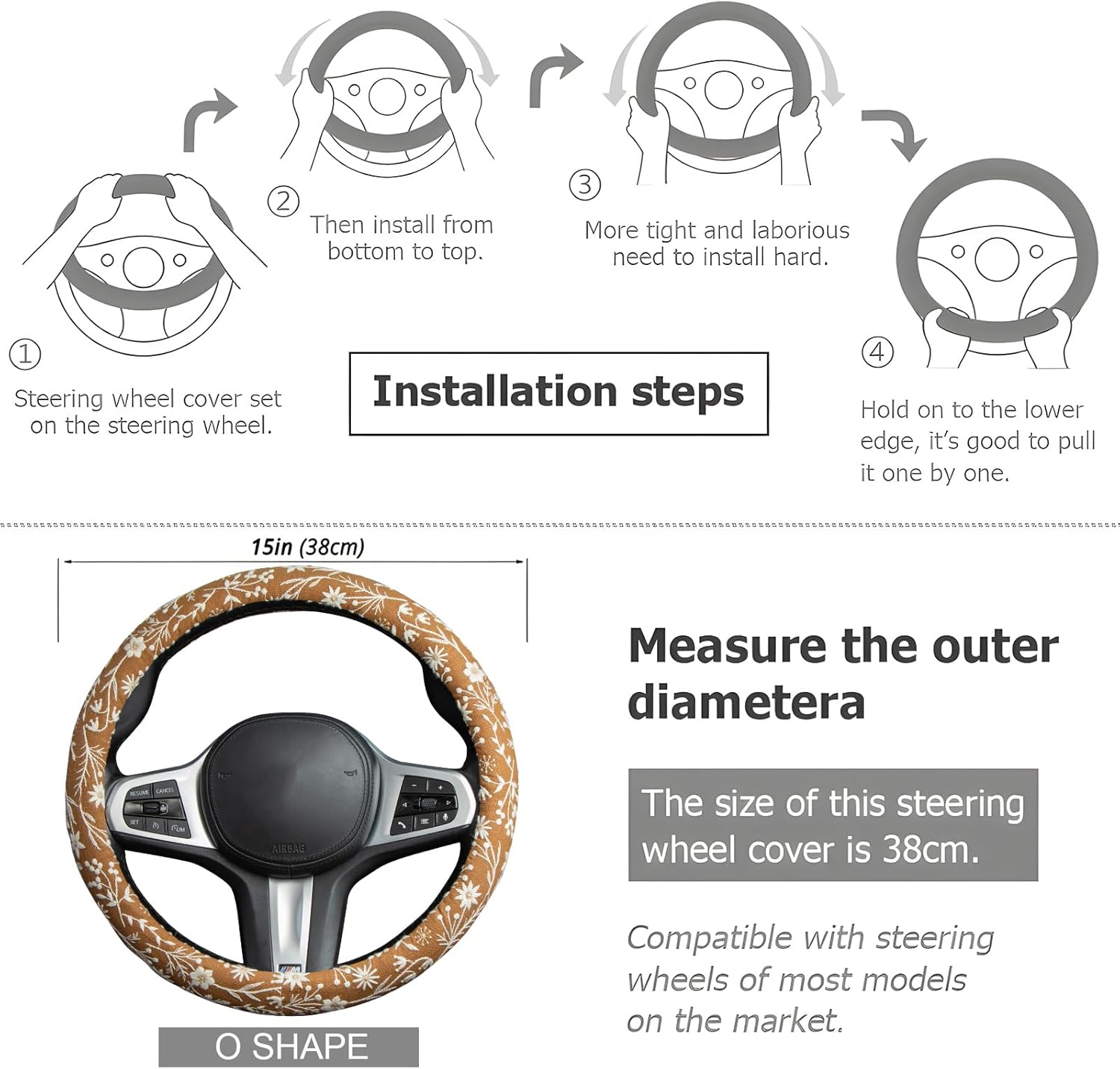 Brown Japanese Style Flower Steering Wheel Cover Auto Embroidery Steering Wheel Protector, Anti-Slip, Breathable, Absorbing Sweat, Universal Car Accessories 14.5–15 inch,Fit for Most Car, Trucks, SUV
