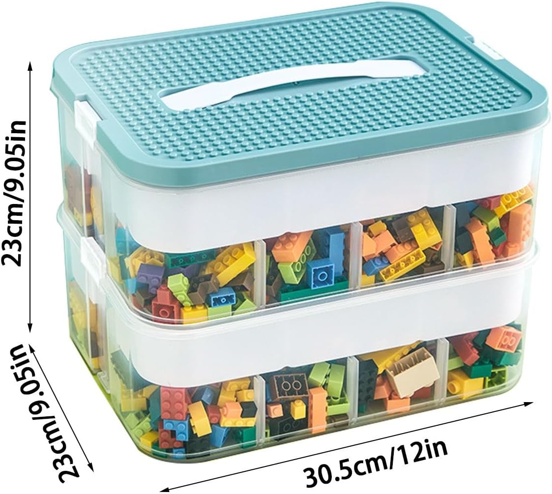 Stackable Toy Storage Organizer Bin - 2 Layers Toy Box, Building Blocks Storage Containers | Toy Box with Building Baseplate Lid, 2 Layers Toy Organizer Bins with Compartments, for Building Bricks