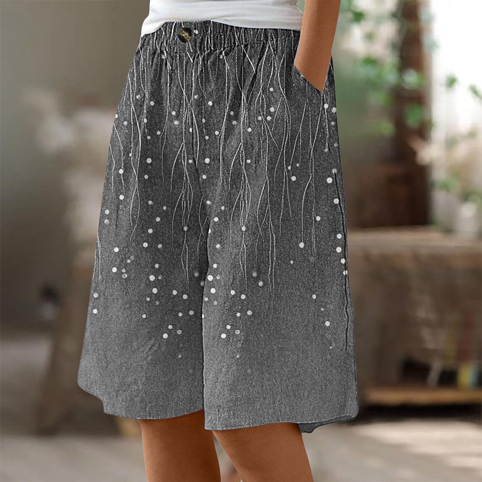 Generisch Short de sport en lin de coton pour femme, coupe ample, longueur genou, short d'entraînement décontracté avec jambes larges et taille élastique