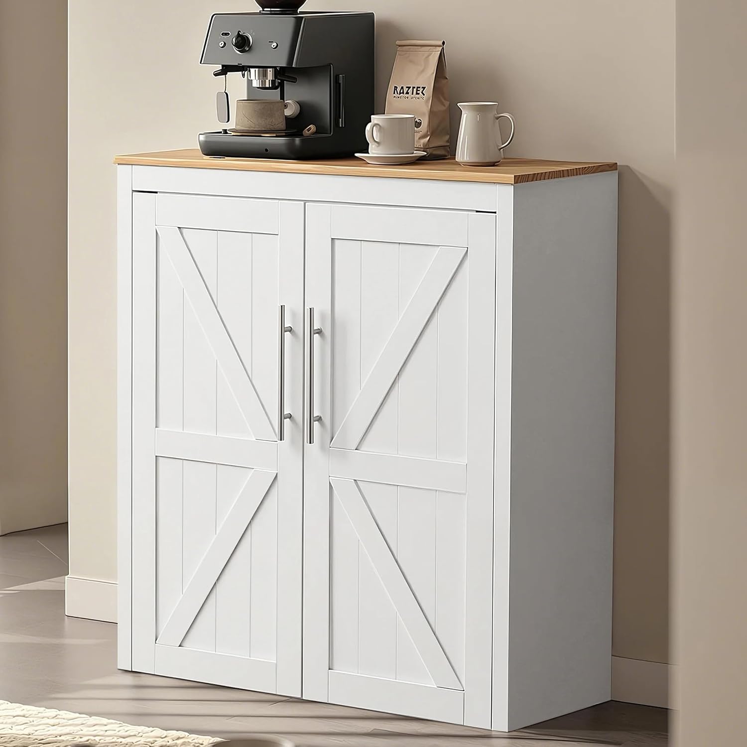 Sideboard Buffet Cabinet, Coffee Bar Cabinet with Solid Wood Countertop, Kitchen Storage Cabinet for Dining Room, Bathroom, Entryway