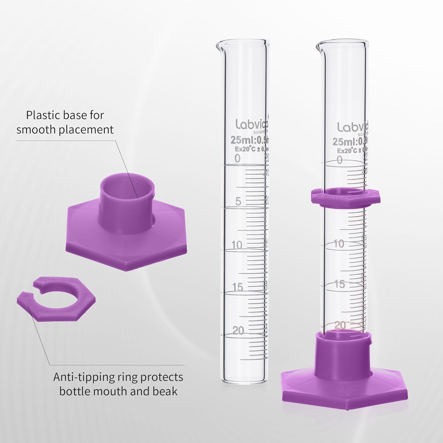 Measuring Cylinder Set, Borosilicate Glass with Plastic Hex Base and Brush, Class B, vol.10, 25, 50ml, 100ml (4 Cylinders) LVE002