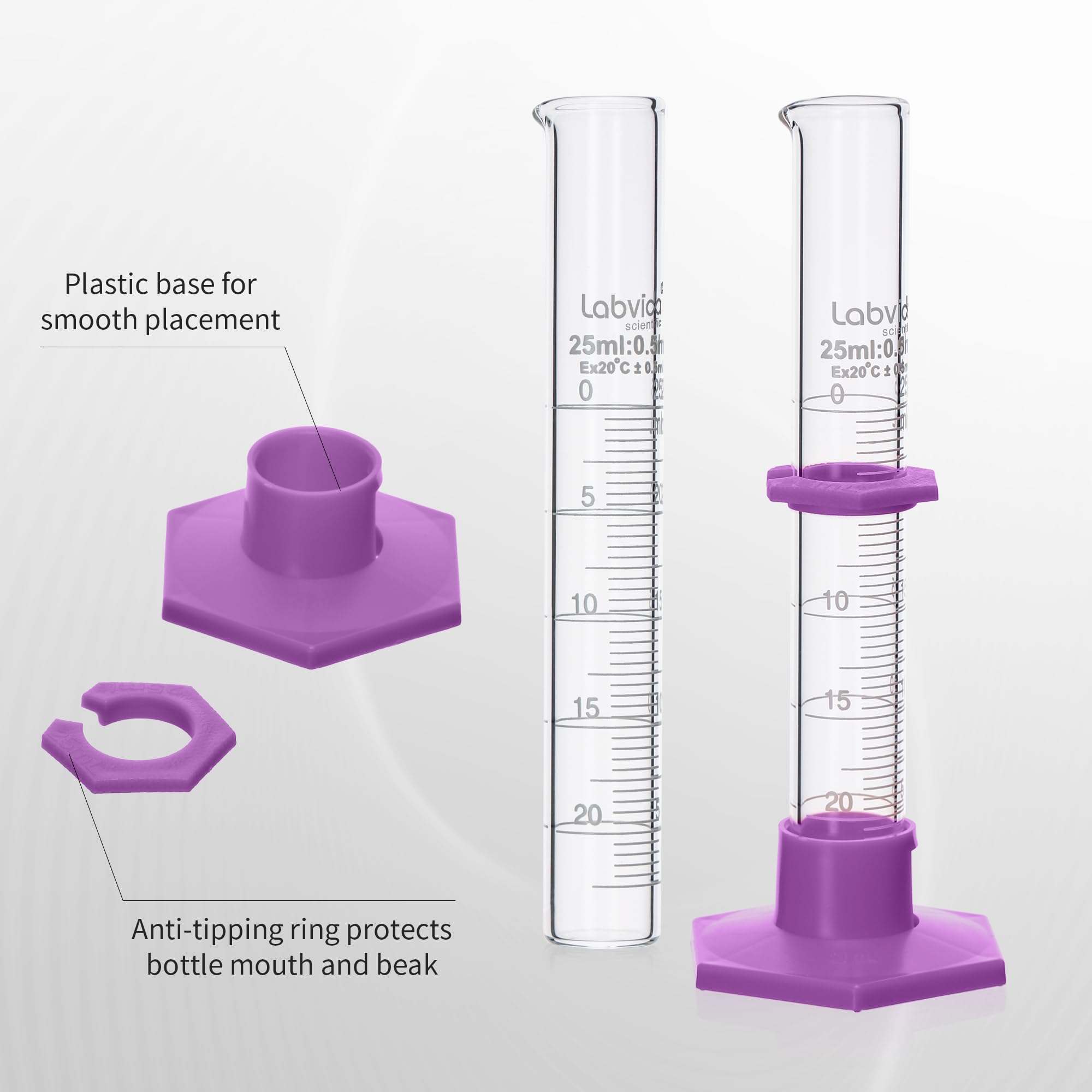 Juego de cilindros medidores, vidrio de borosilicato con base hexagonal de plástico y cepillo, clase B, vol.10, 25, 50 ml, 100 ml (4 cilindros) LVE002